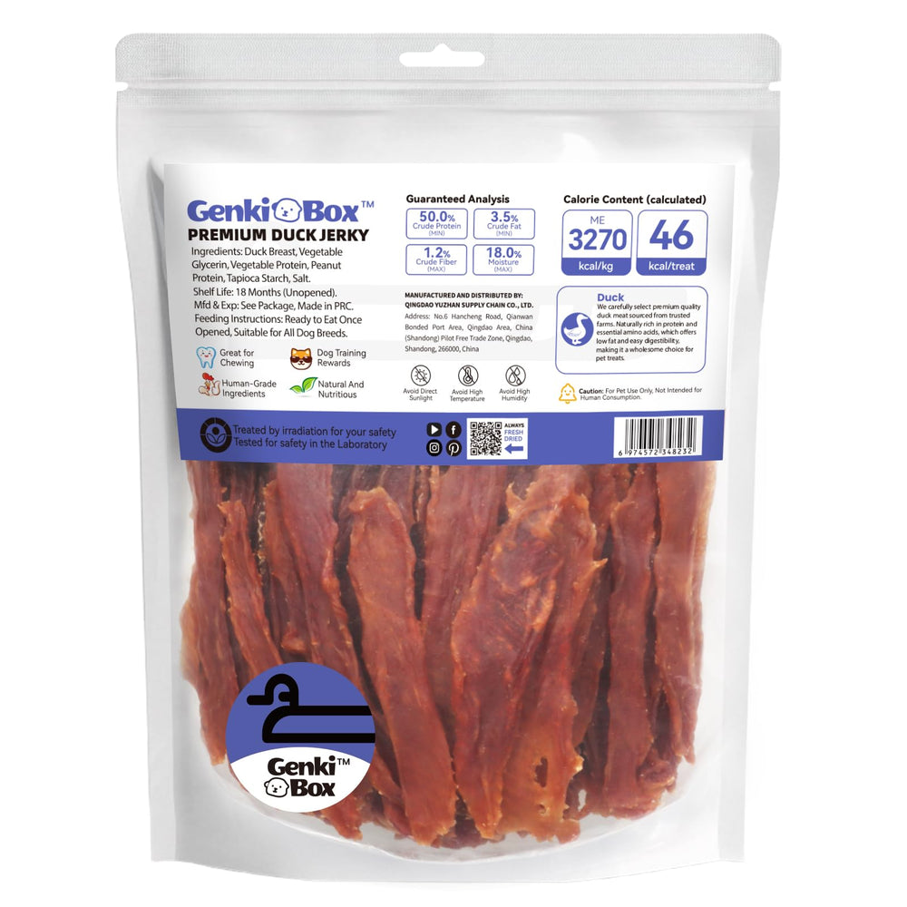 GenkiBox air-dried duck jerky batch symbol shows gentle processing