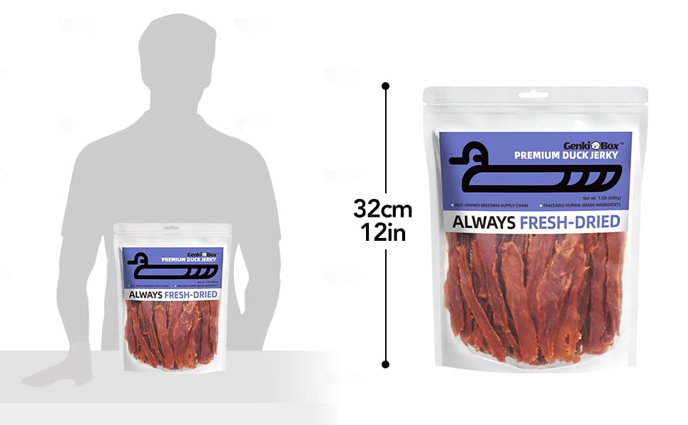 GenkiBox duck breast jerky 100 percent duck label highlights purity and protein