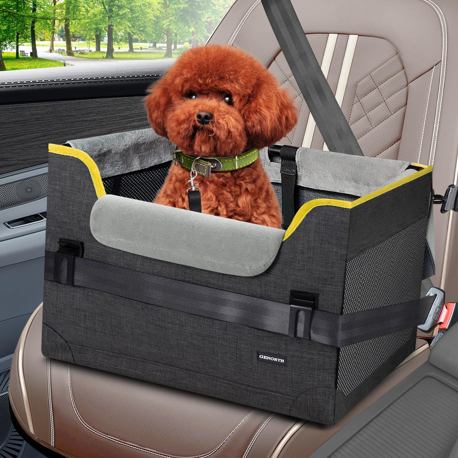 GENORTH dog car seat for small dogs in gray with secure belt for safe drives