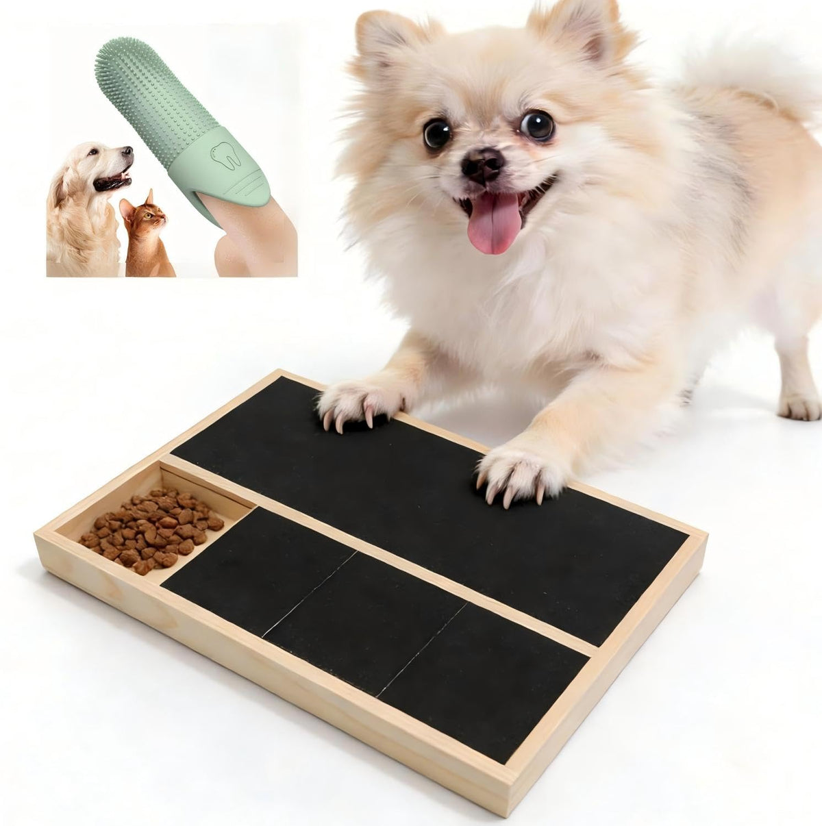 GENTERUN dog nail scratch pad with treat box for positive reinforcement during play.