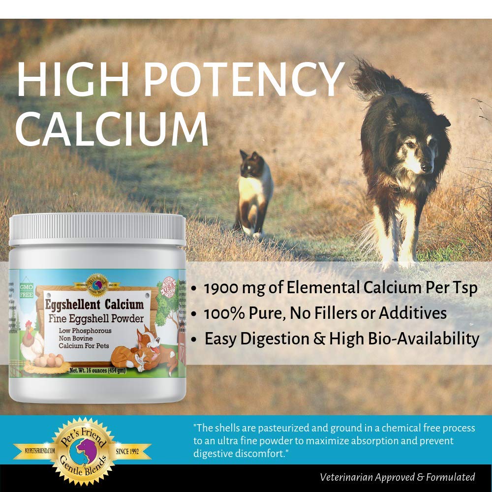 Gentle Blends Eggshellent Calcium packaging highlights pure eggshell ingredients.