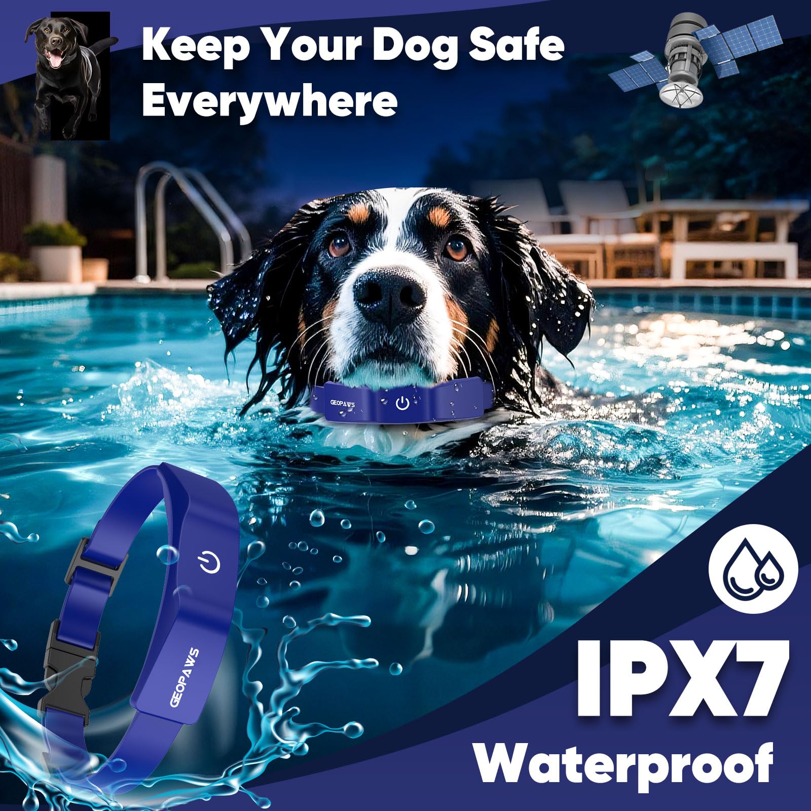 GeoPaws waterproof IP7 collar ready for rain, swimming, and mud.