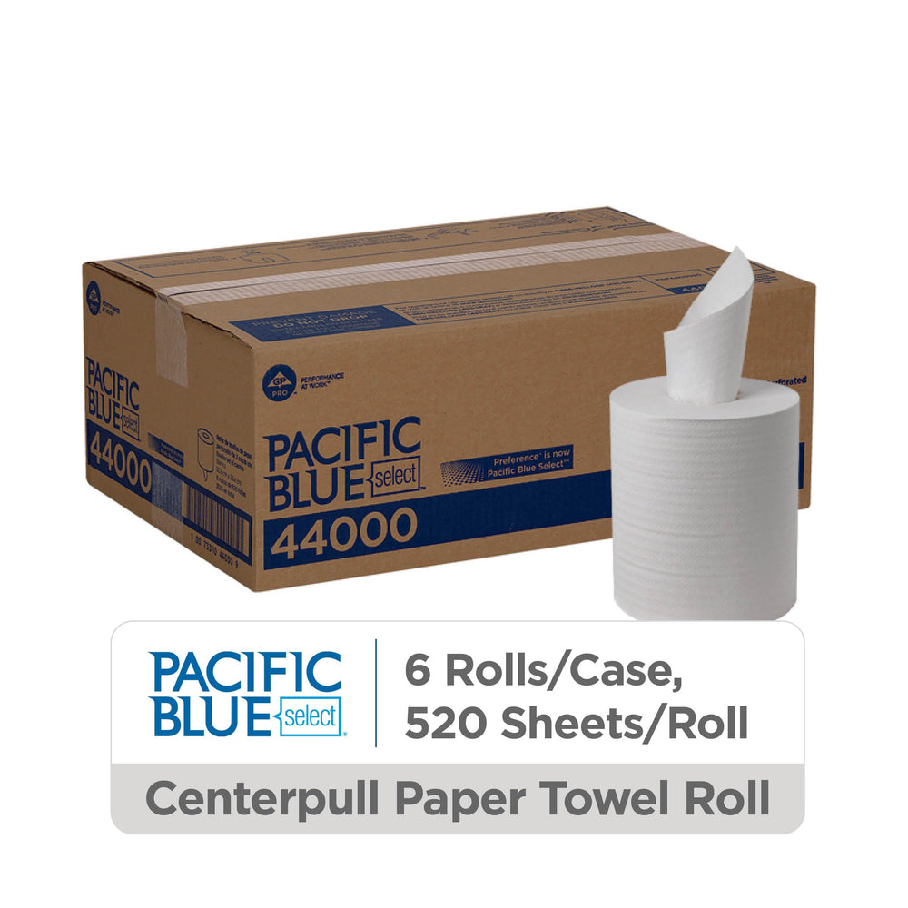 Pacific Blue Select centerpull towel roll with perforations for clean, quick hand drying.