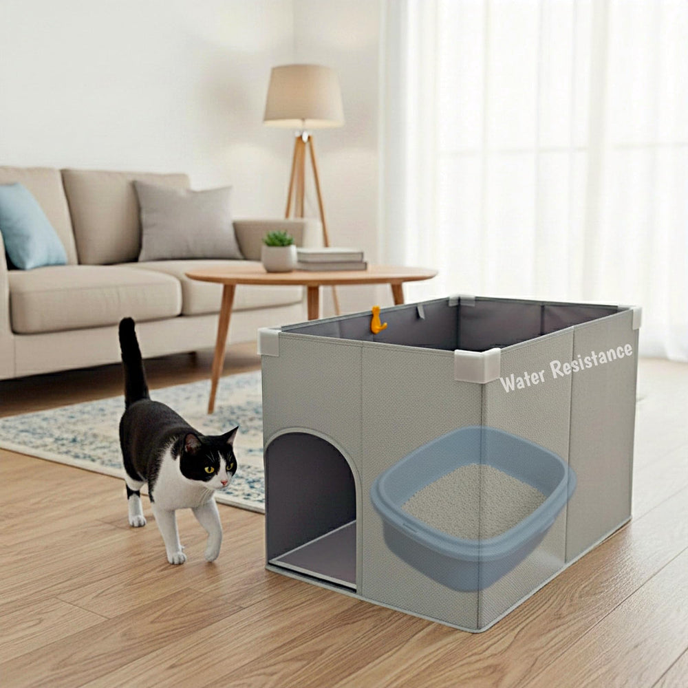 Gesomepurrz open-top, high-side enclosure protects litter area and keeps mess contained.