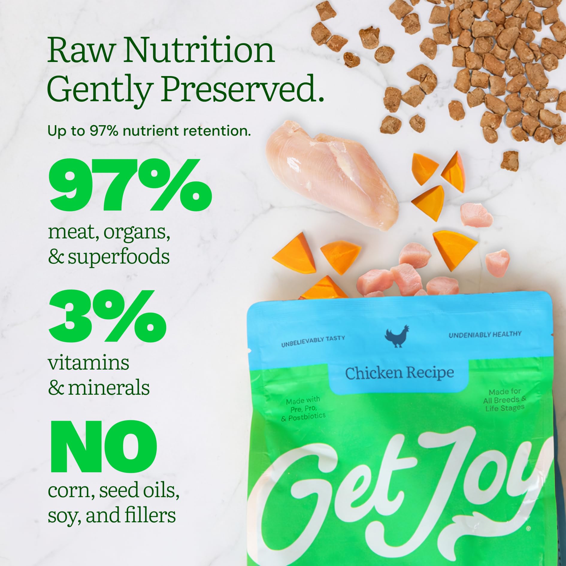 Get Joy dog eating freeze-dried chicken—promotes enjoyable meals.