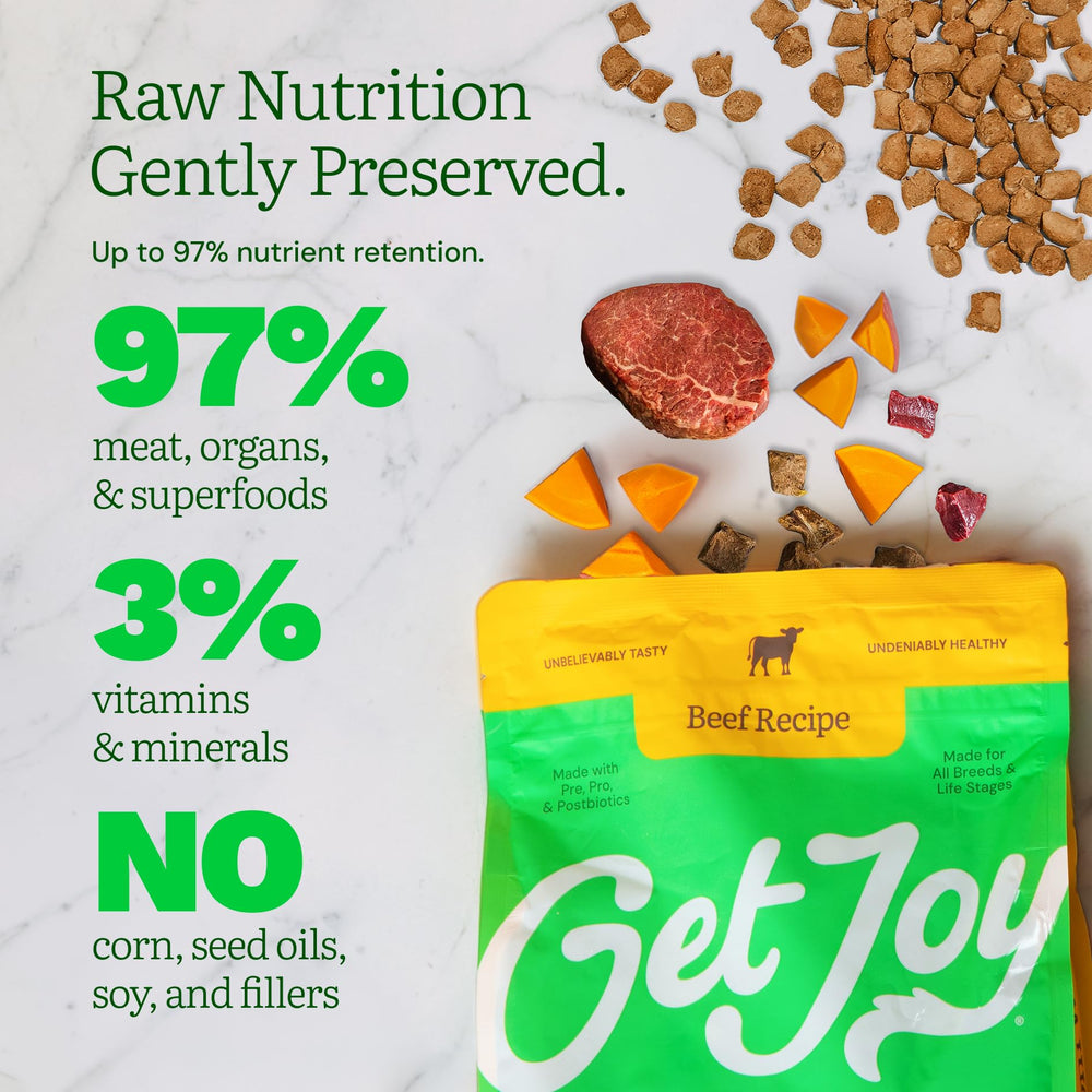 Get Joy freeze-dried raw-beef texture closeup showing flavor and crunch.