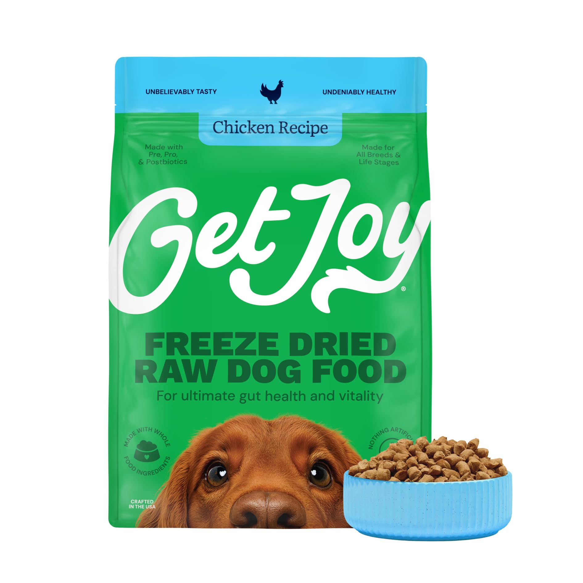 Get Joy freeze dried raw chicken dog food bag front shows grain-free formula for easy feeding.