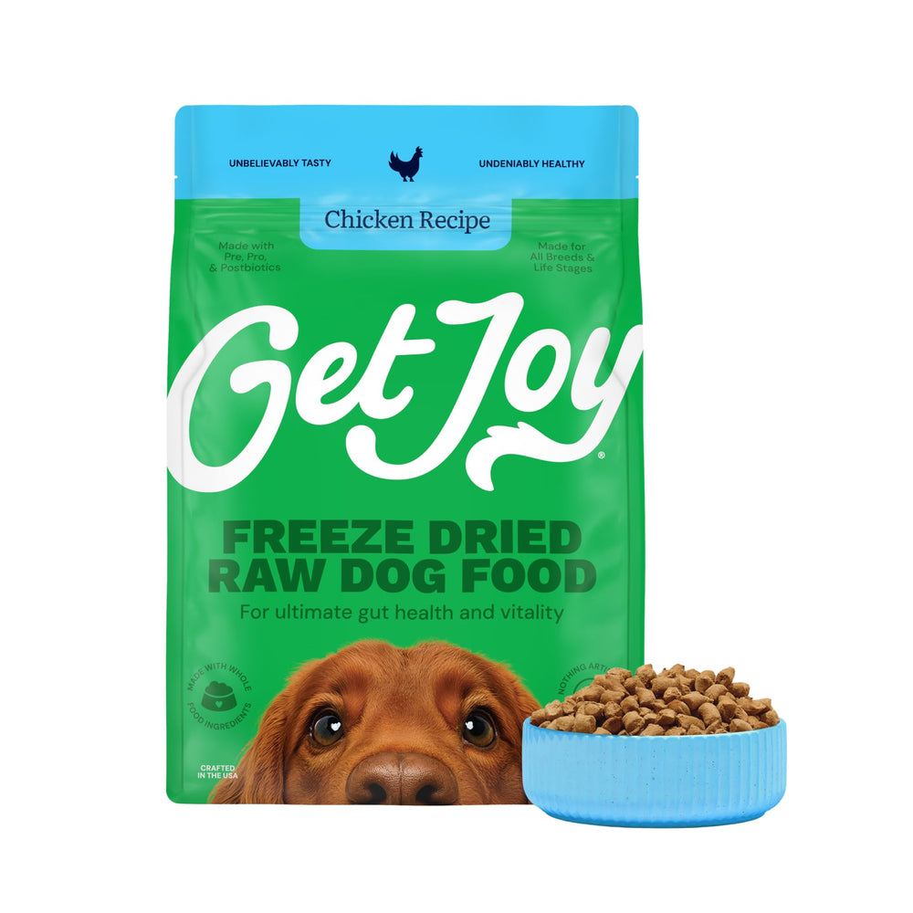 Get Joy freeze-dried raw chicken dog food bag—premium protein for steady energy.