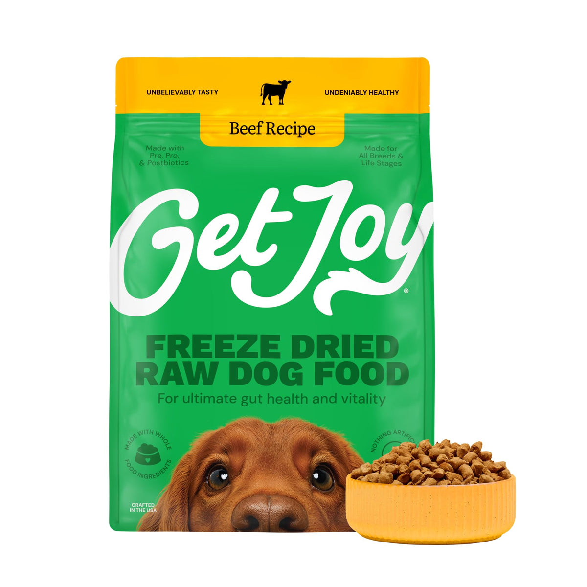 Get Joy Freeze Dried Raw Beef Meal front bag showing grain-free protein option for all breeds.