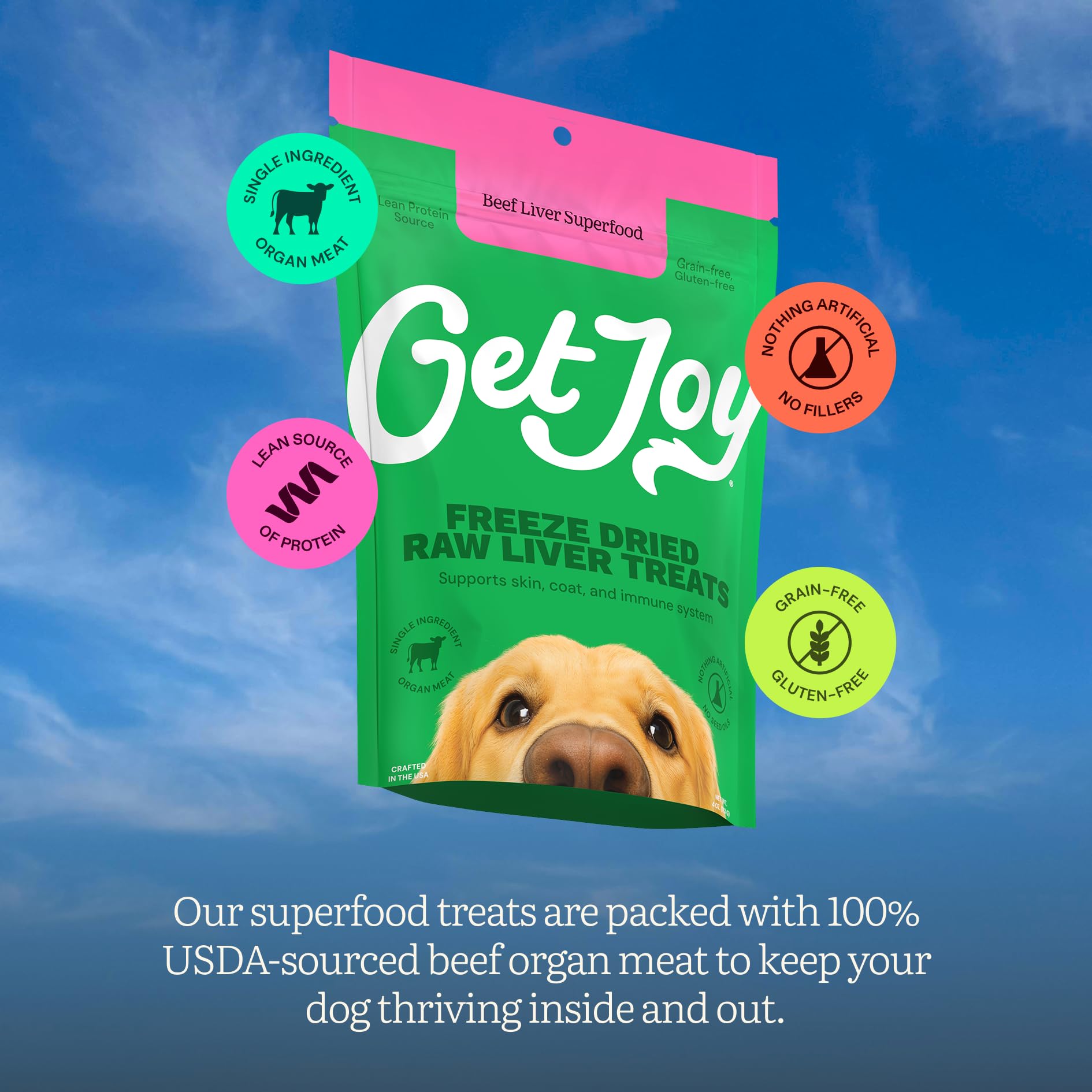 Made in USA Get Joy label signals trusted pet nutrition and safety.