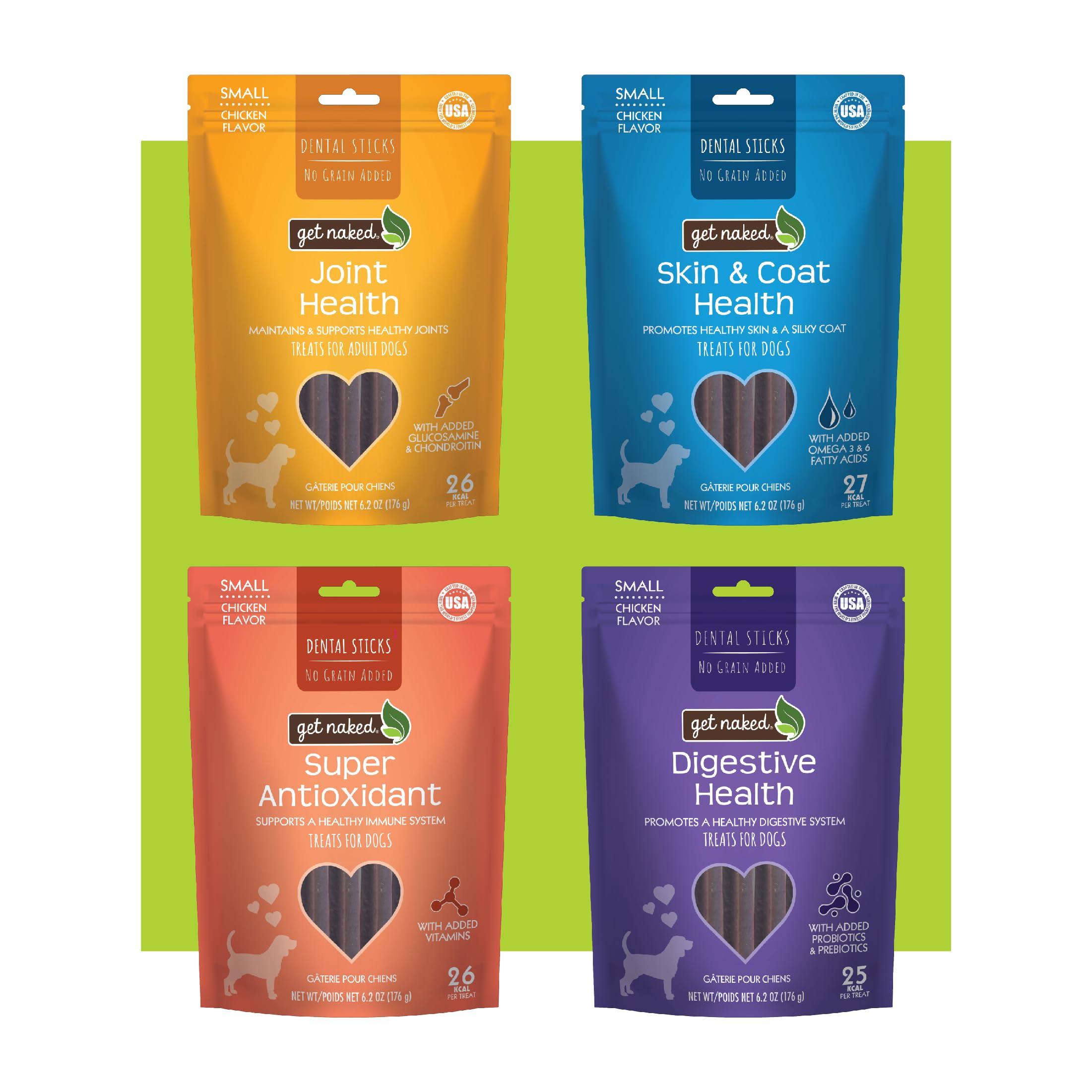 Get Naked Dental Sticks Variety Pack front view showing four bags for daily wellness