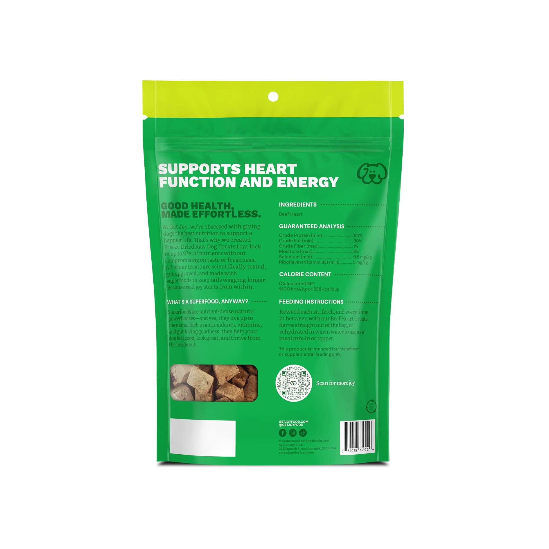 Get Joy beef heart treats close-up texture shows dense protein.