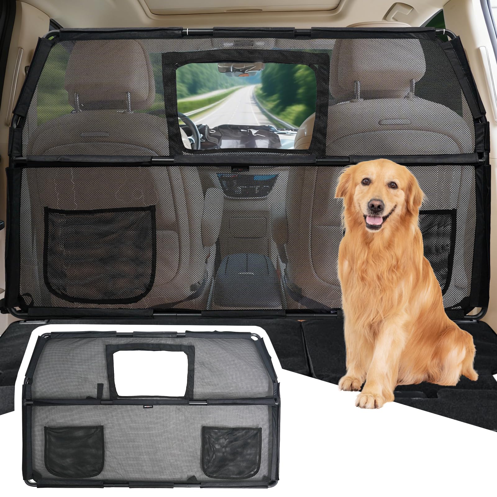 GEVINFA 52-inch dog car divider showing wider coverage for back-seat safety