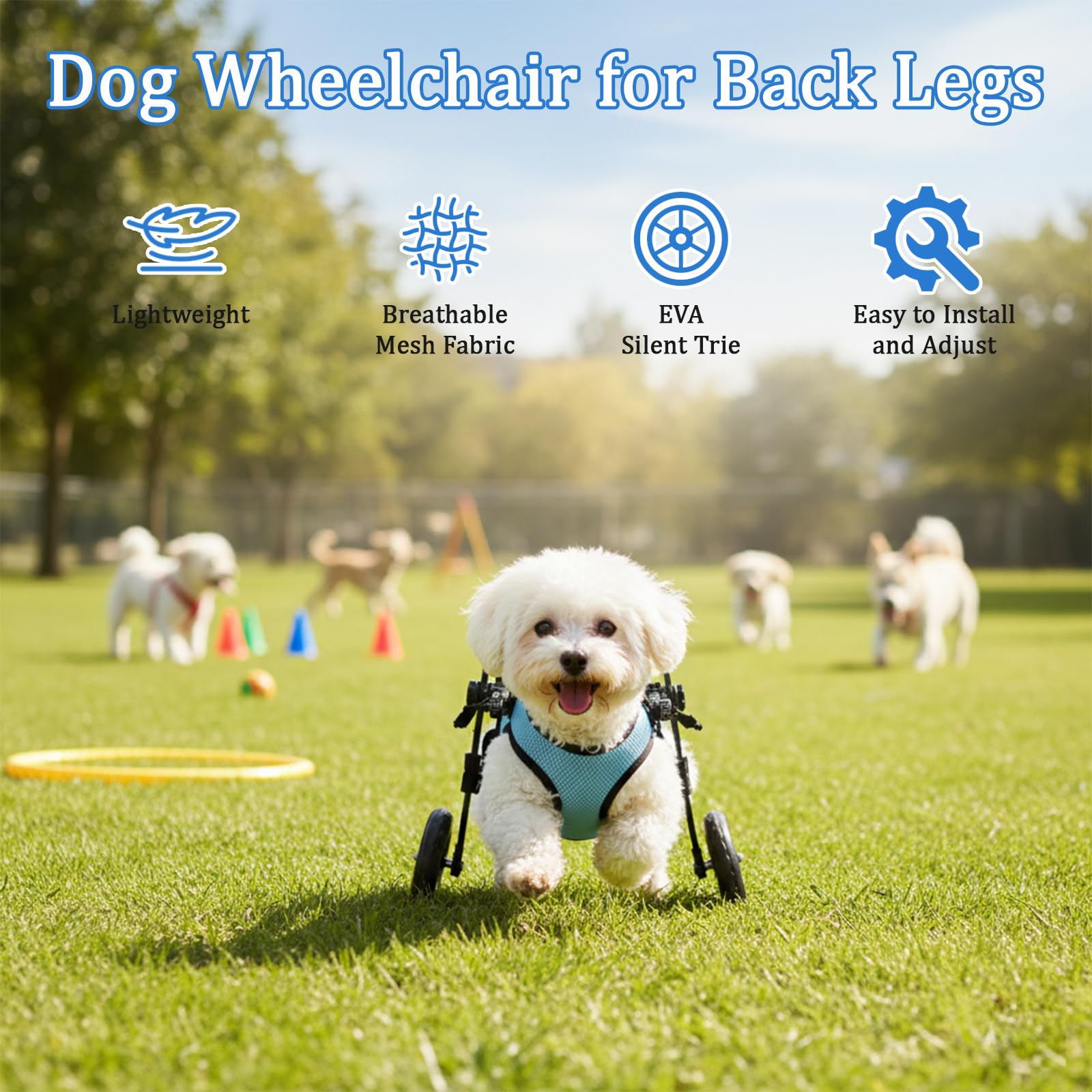 GHYKL small dog wheelchair shows foam wheels for smooth outdoor use