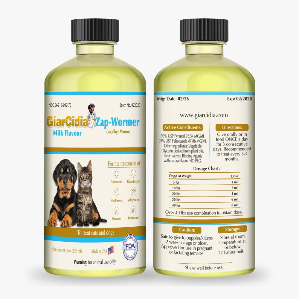Giarcidia milk-flavor administration supports mealtime routines.