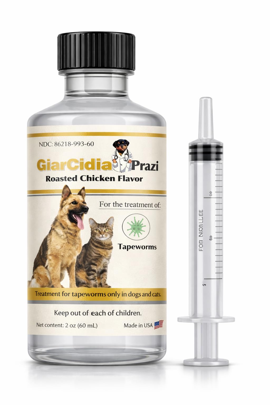 Giarcidia tapeworm dewormer bottle with chicken flavor for easy dosing