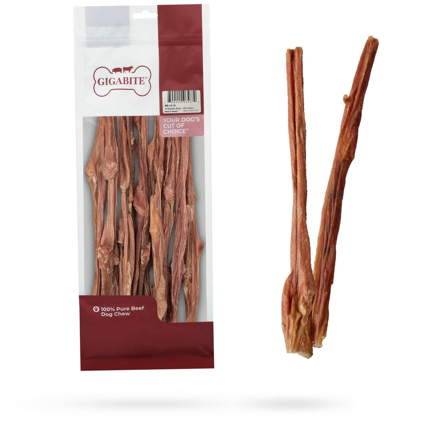 GigaBite beef esophagus sticks, 12-inch pack of 10, ideal for training rewards.