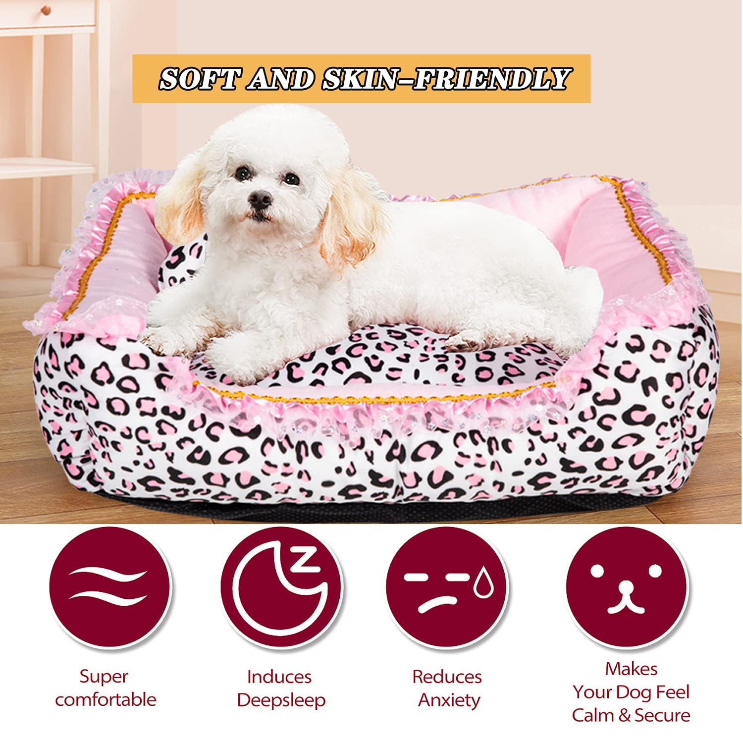 Gigreinc dog bed pink leopard side angle highlights four-way zipper and easy washing.