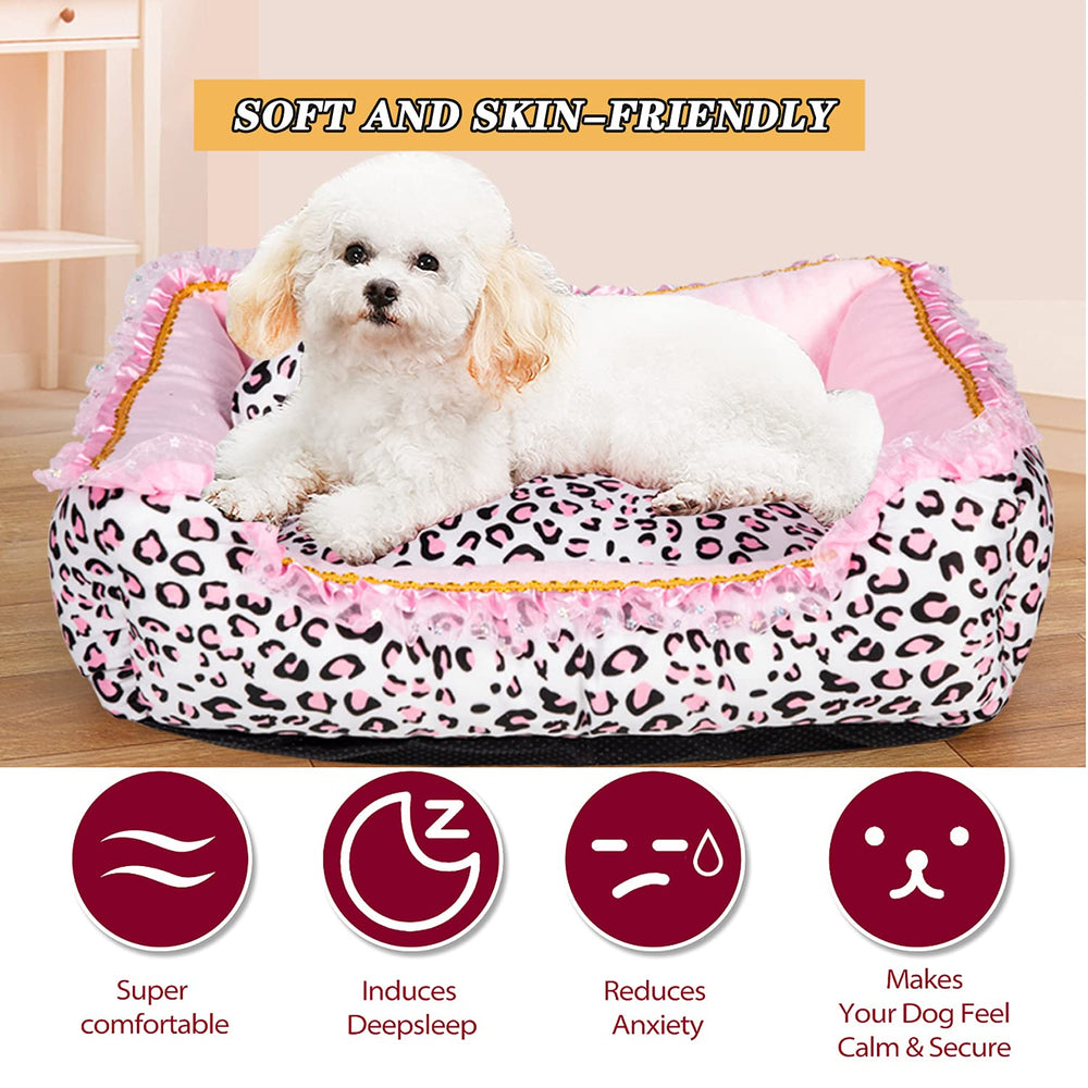Gigreinc dog bed pink leopard side angle highlights four-way zipper and easy washing.