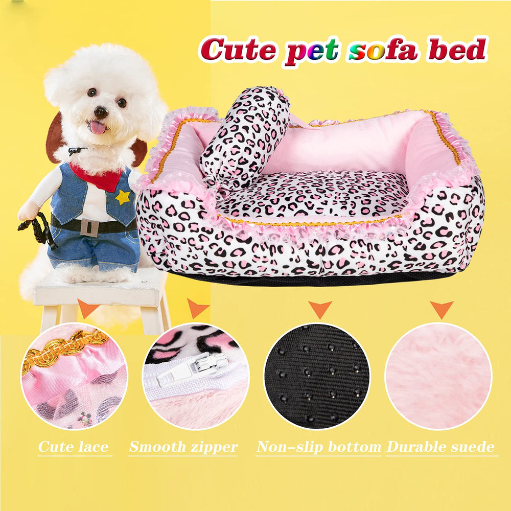 Gigreinc dog bed pink leopard top view reveals plush interior and square shape.