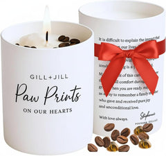 Gill + Jill Paw Prints Candle label honors a dog's memory with a gentle memorial focal point.