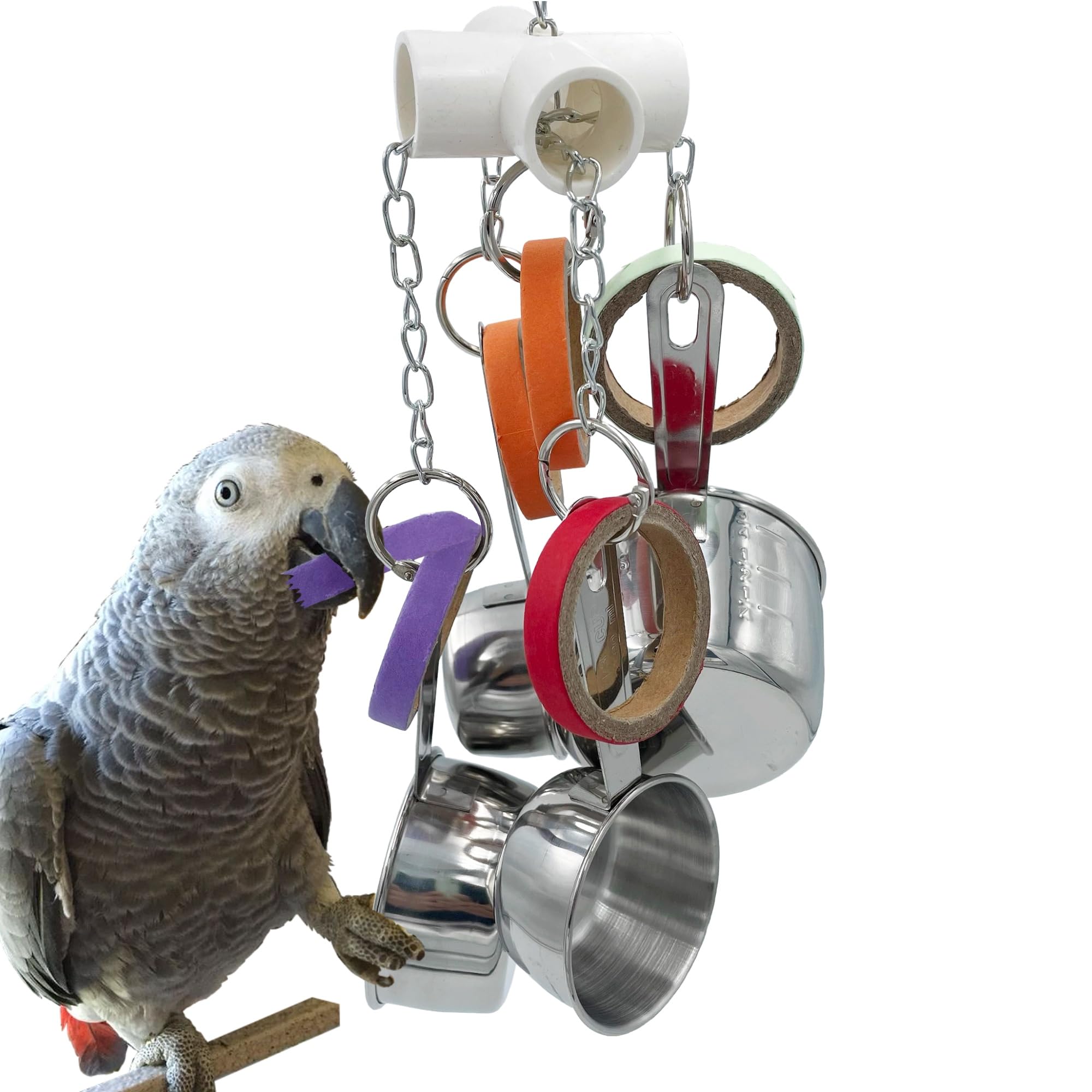 GILYGI durable bird toy with cups and bagels, engaging medium parrots in playful shredding.