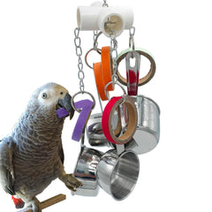 GILYGI durable bird toy with cups and bagels, engaging medium parrots in playful shredding.