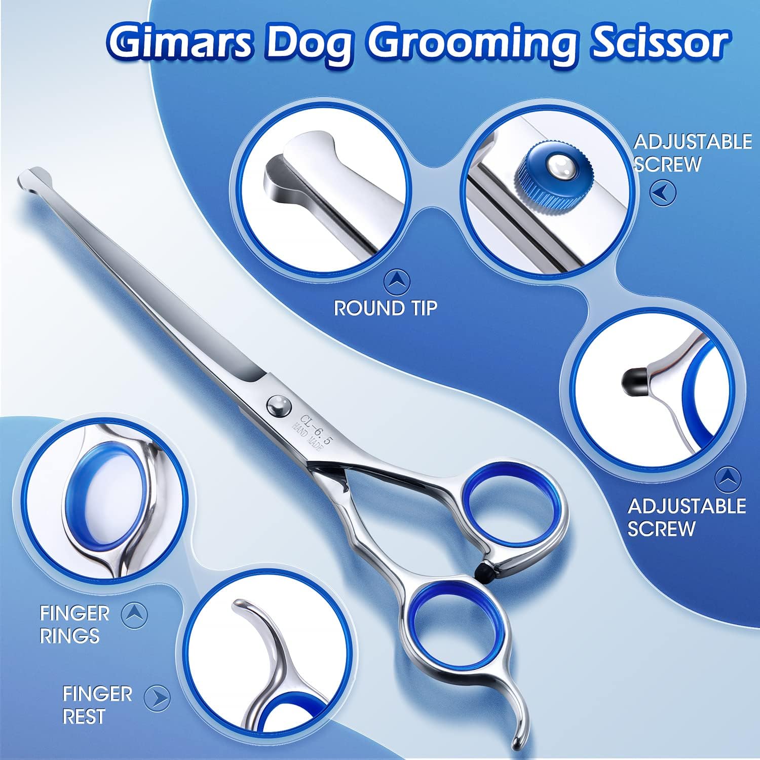 Gimars curved dog grooming scissors for gentle shaping.