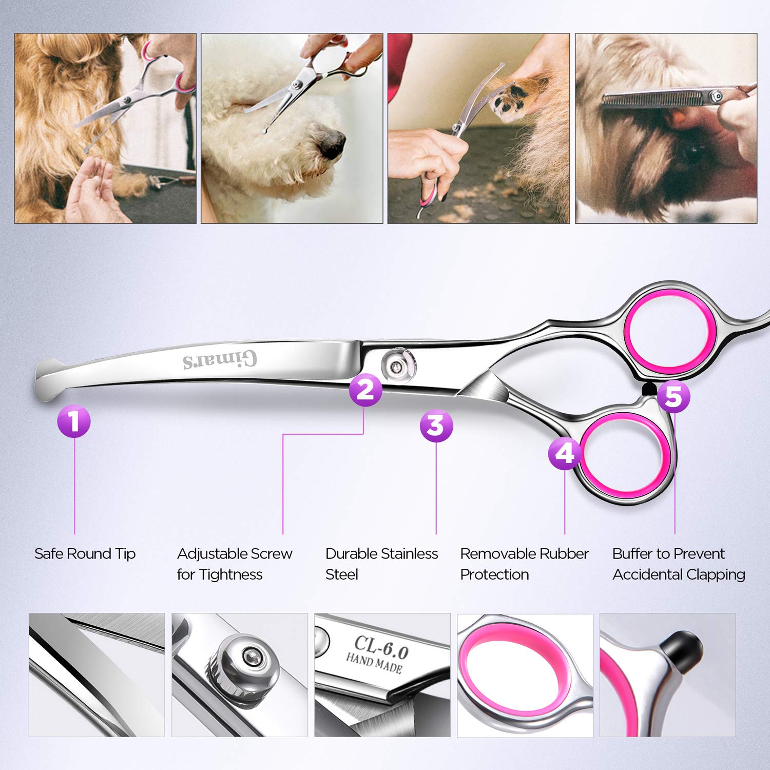 Gimars safety round-tip scissors image emphasizes pet safety during trimming.