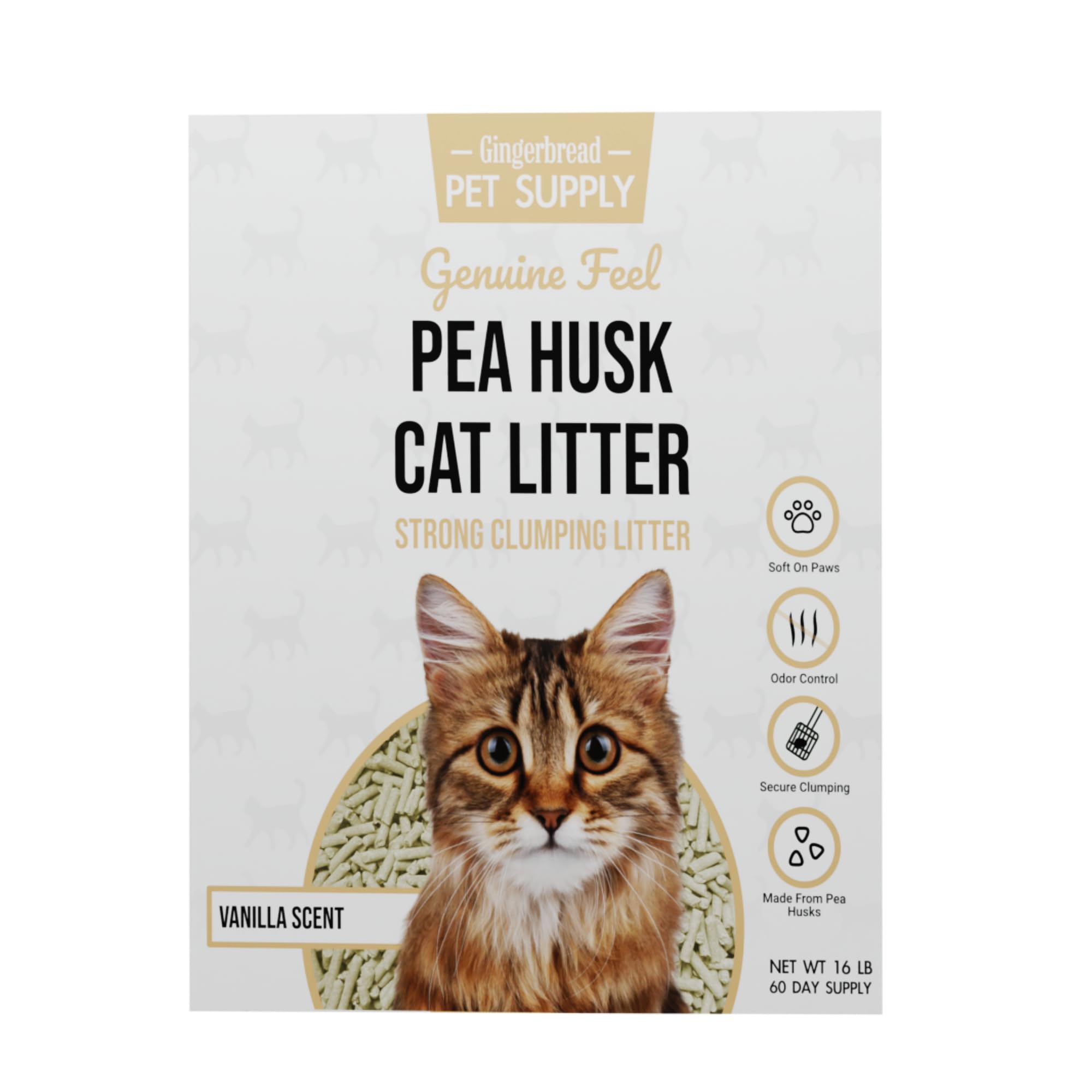 Gingerbread Pet Supply green tea scent litter pack for a fresh note.