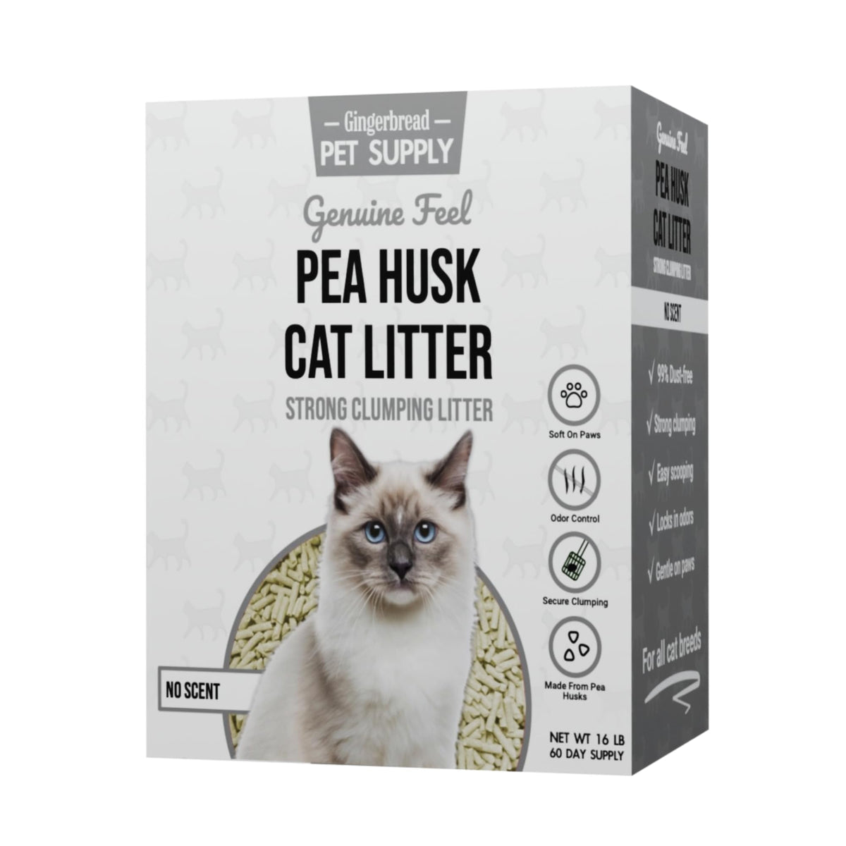 Gingerbread Pet Supply pea husk cat litter bag front view with fresh packaging