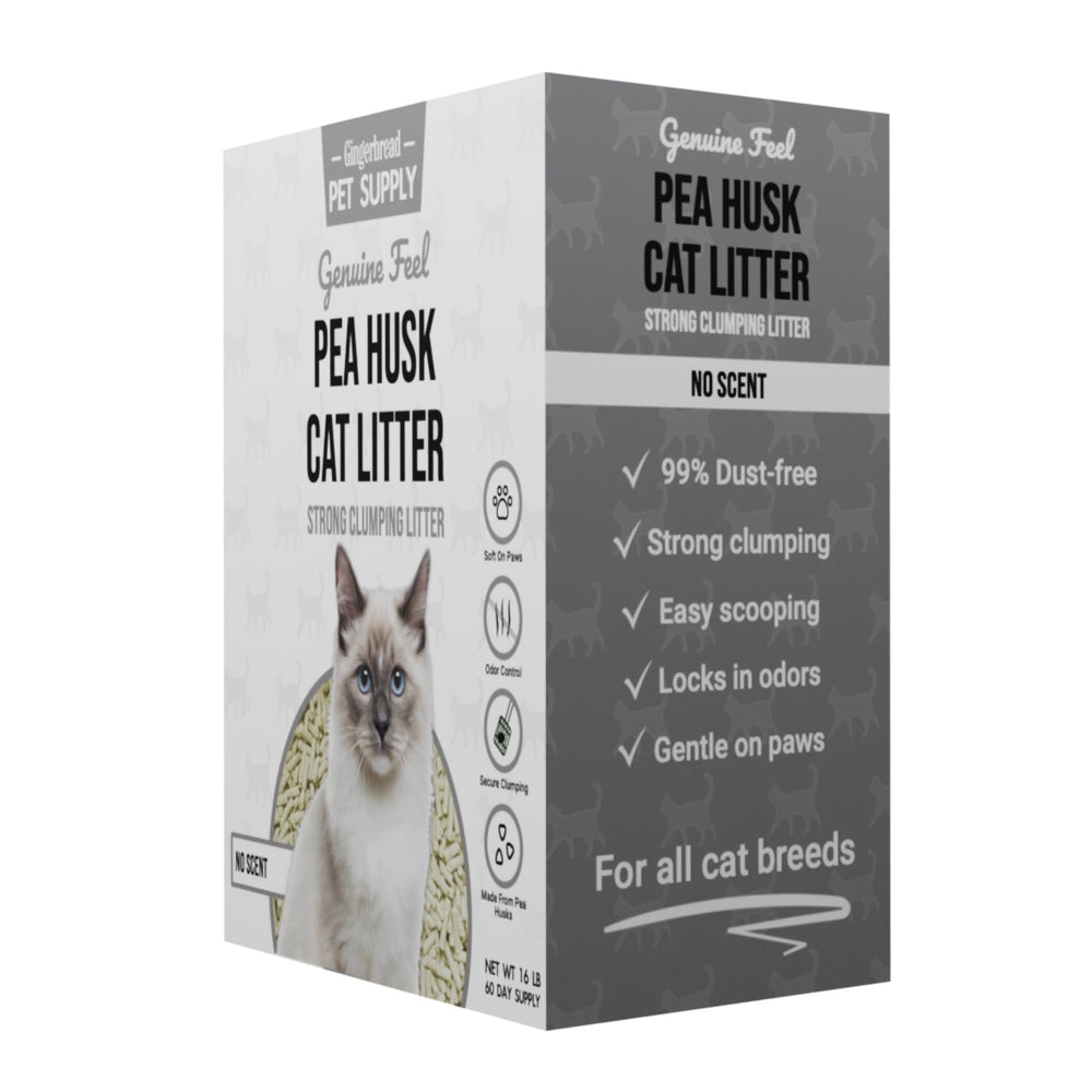 Gingerbread Pet Supply pea husk cat litter unscented bag showing neutral scent option