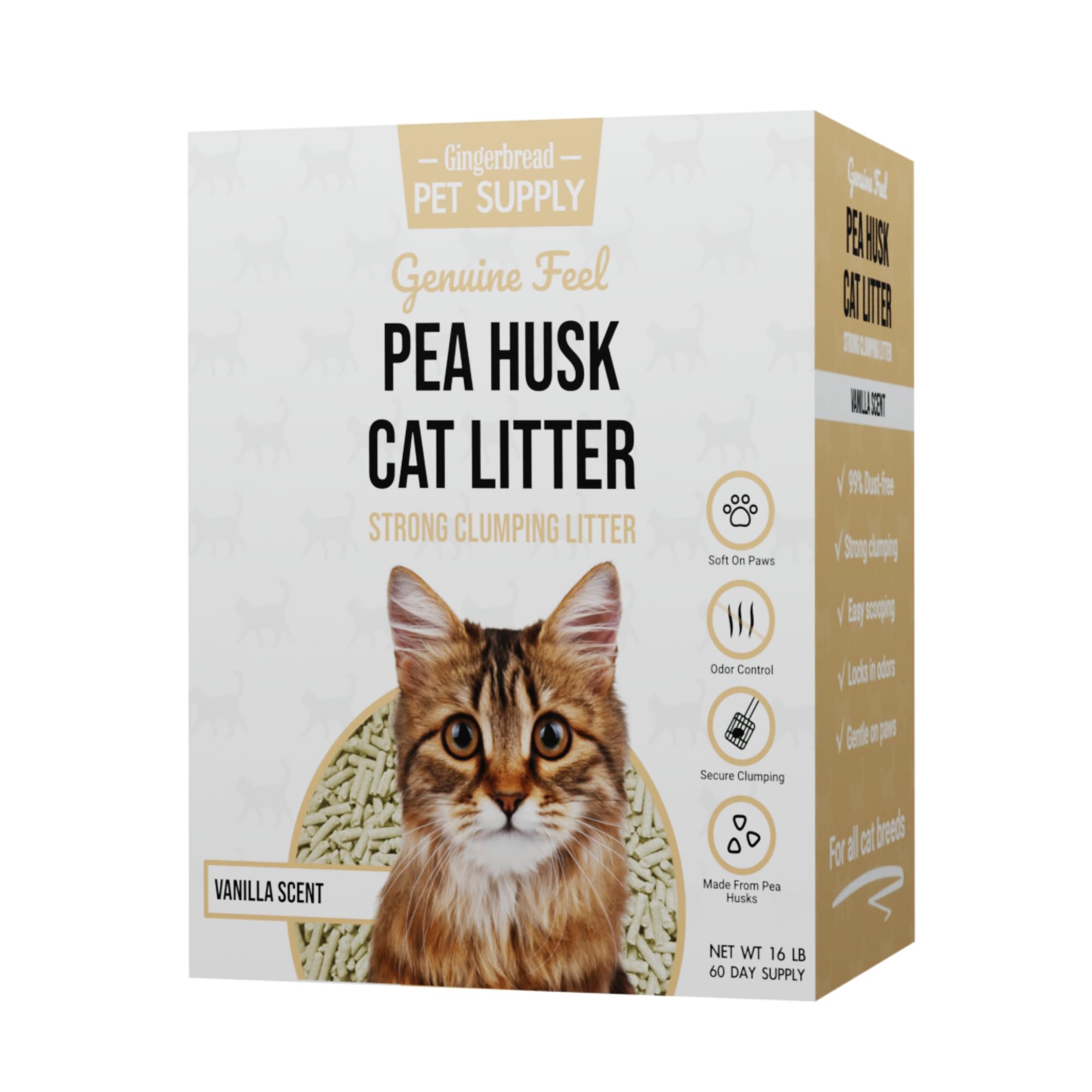 Gingerbread Pet Supply pea husk litter pack shows clean, low-dust performance.
