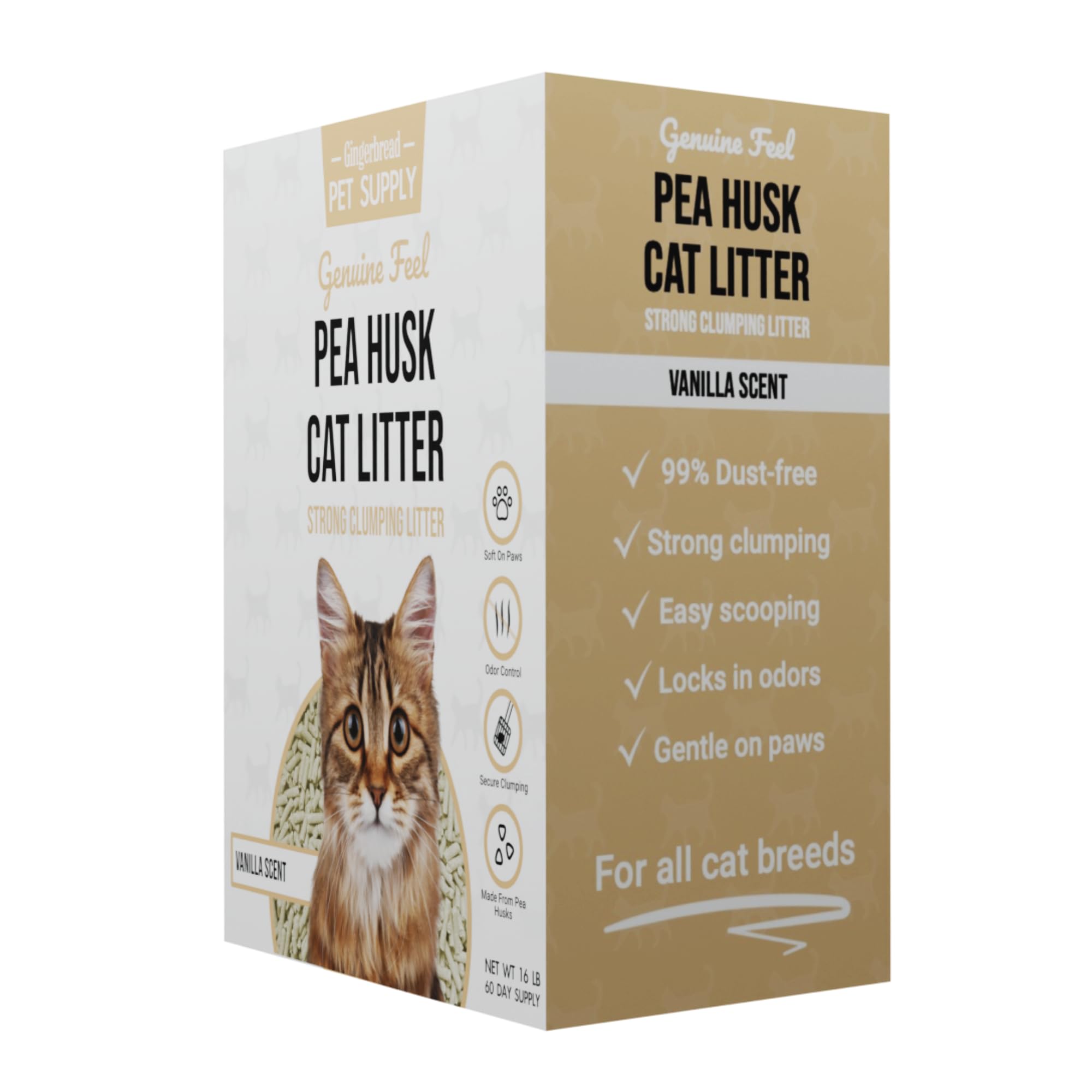Gingerbread Pet Supply unscented litter pack for sensitive noses.