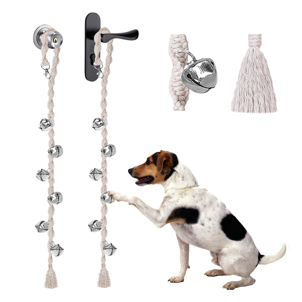 GINIDEAR dog bells with twisted beige rope, front view for easy potty training.