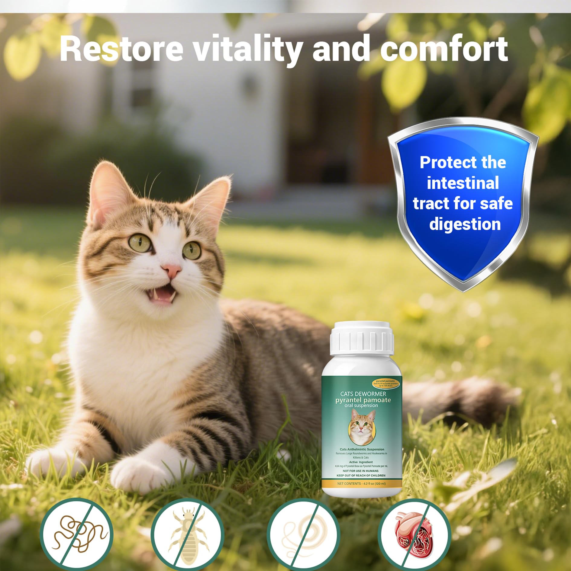 Ginzeca Cat Dewormer Liquid label close-up showing bottle details.