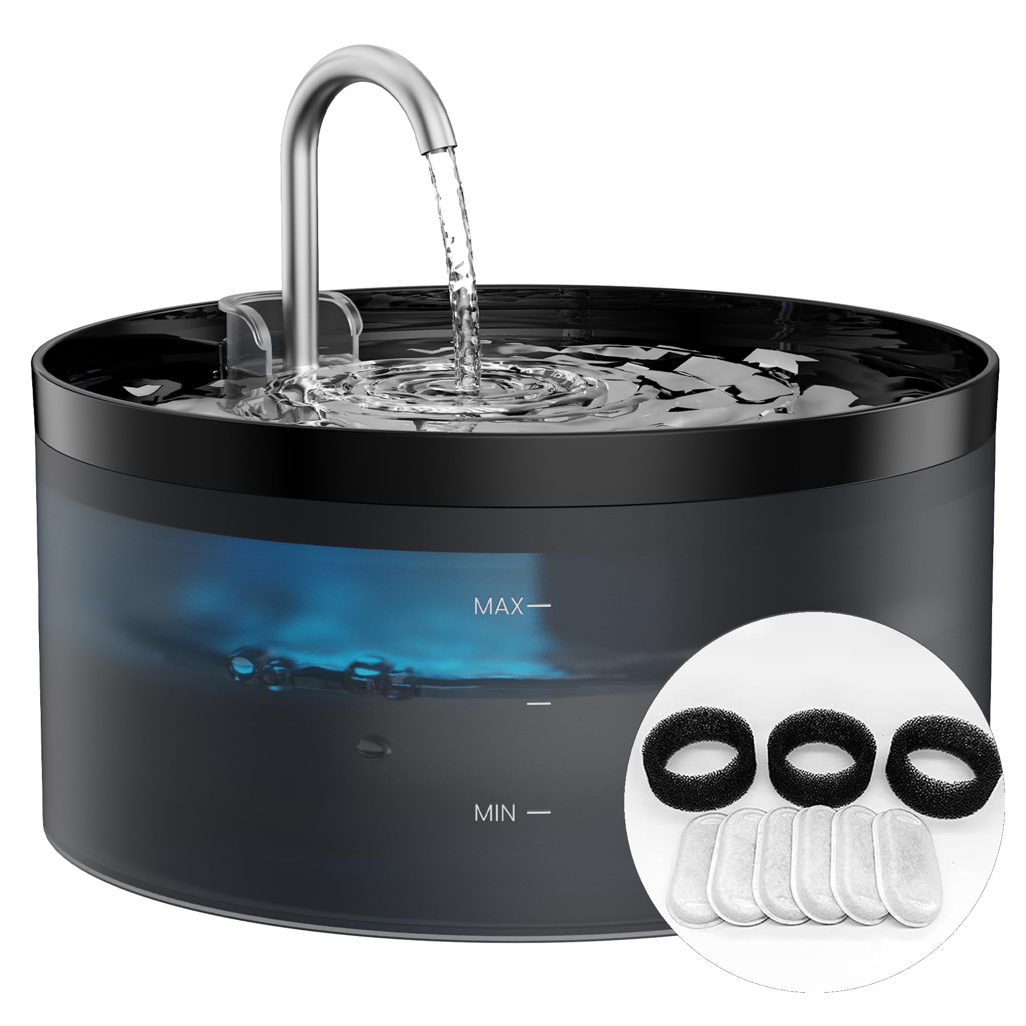 GIOTOHUN cat water fountain 108oz front view highlighting easy hydration and sleek black design.