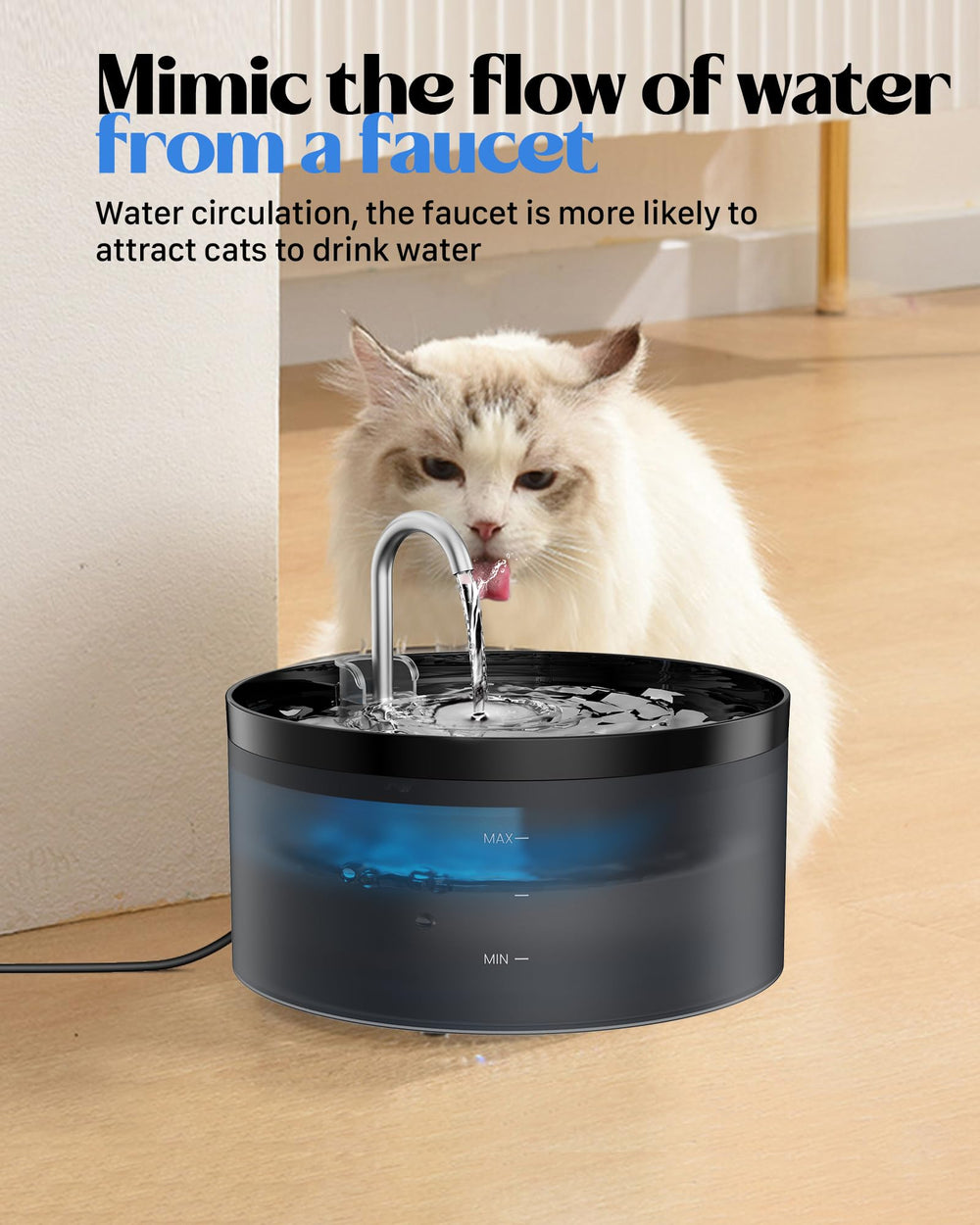 GIOTOHUN cat water fountain 108oz top view emphasizing large capacity for uninterrupted drinking over days.
