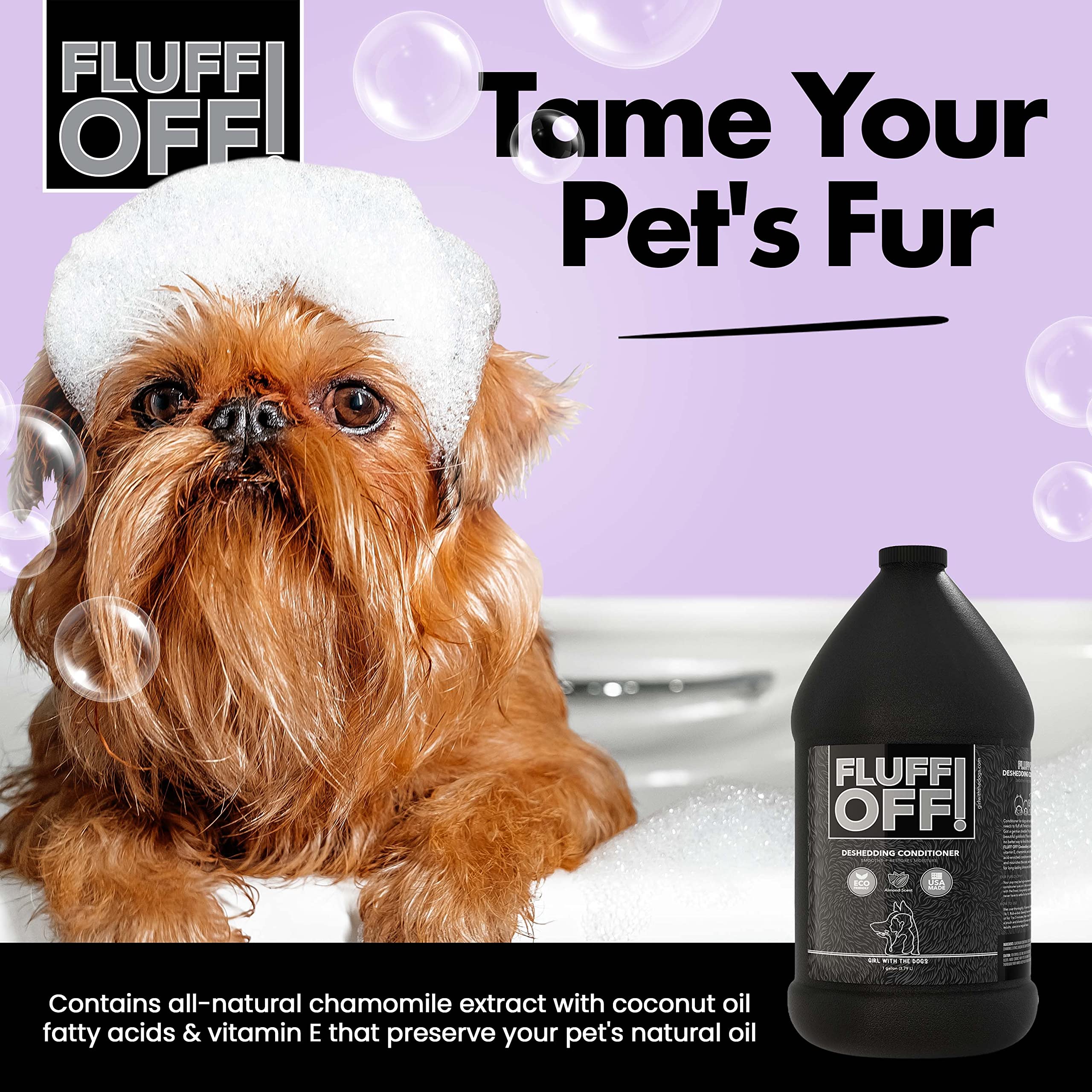 Girl With The Dogs Fluff Off bottle application—deep conditioning for healthier coats.