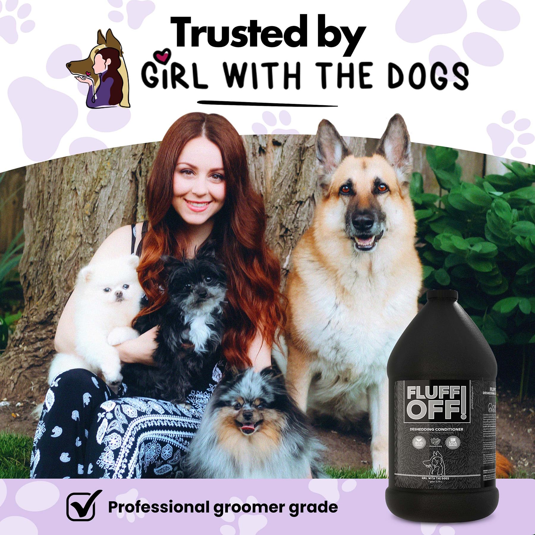 Girl With The Dogs Fluff Off bottle pour—quick bath with shedding reduction.