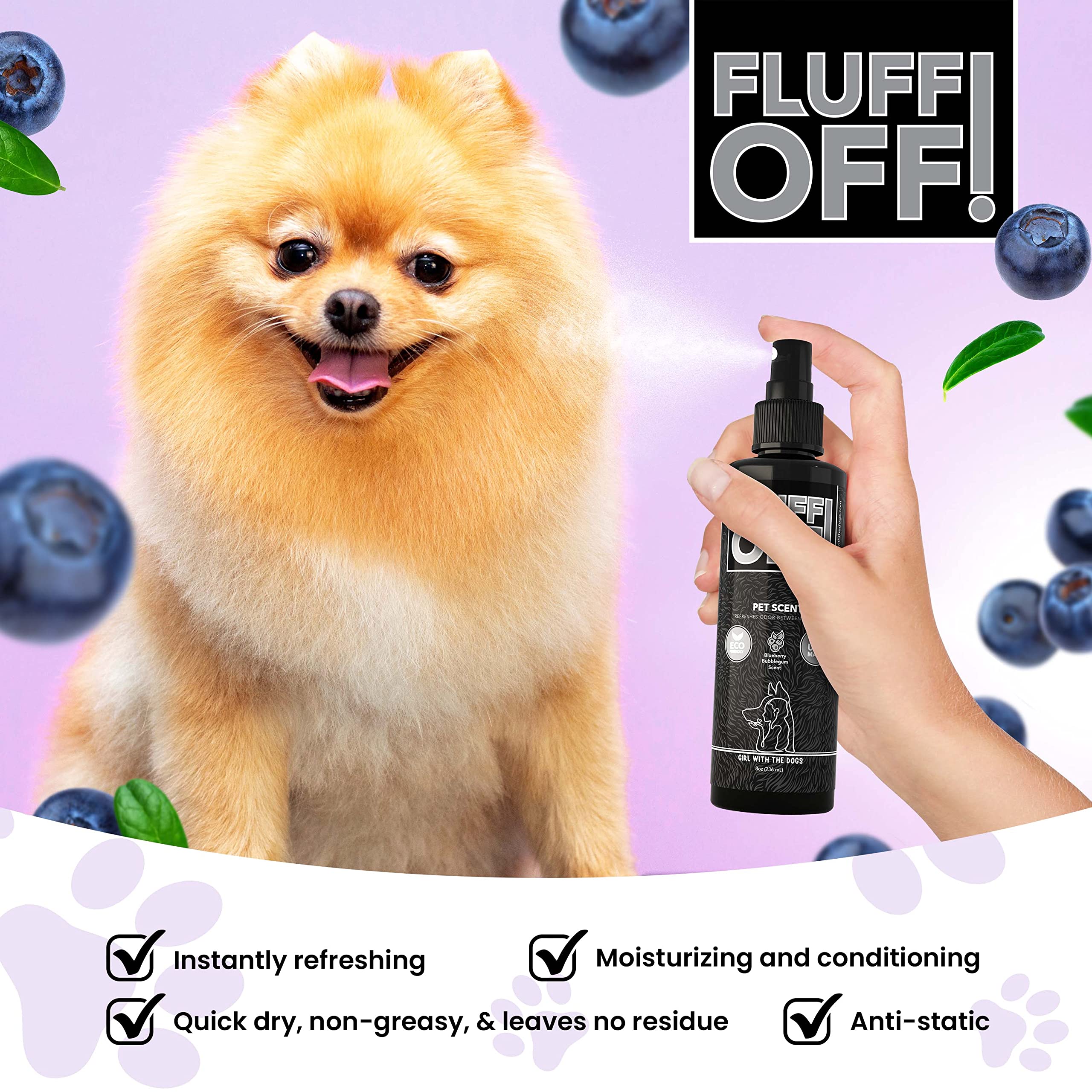 Fluff Off coat-conditioning spray used during brushing sessions.