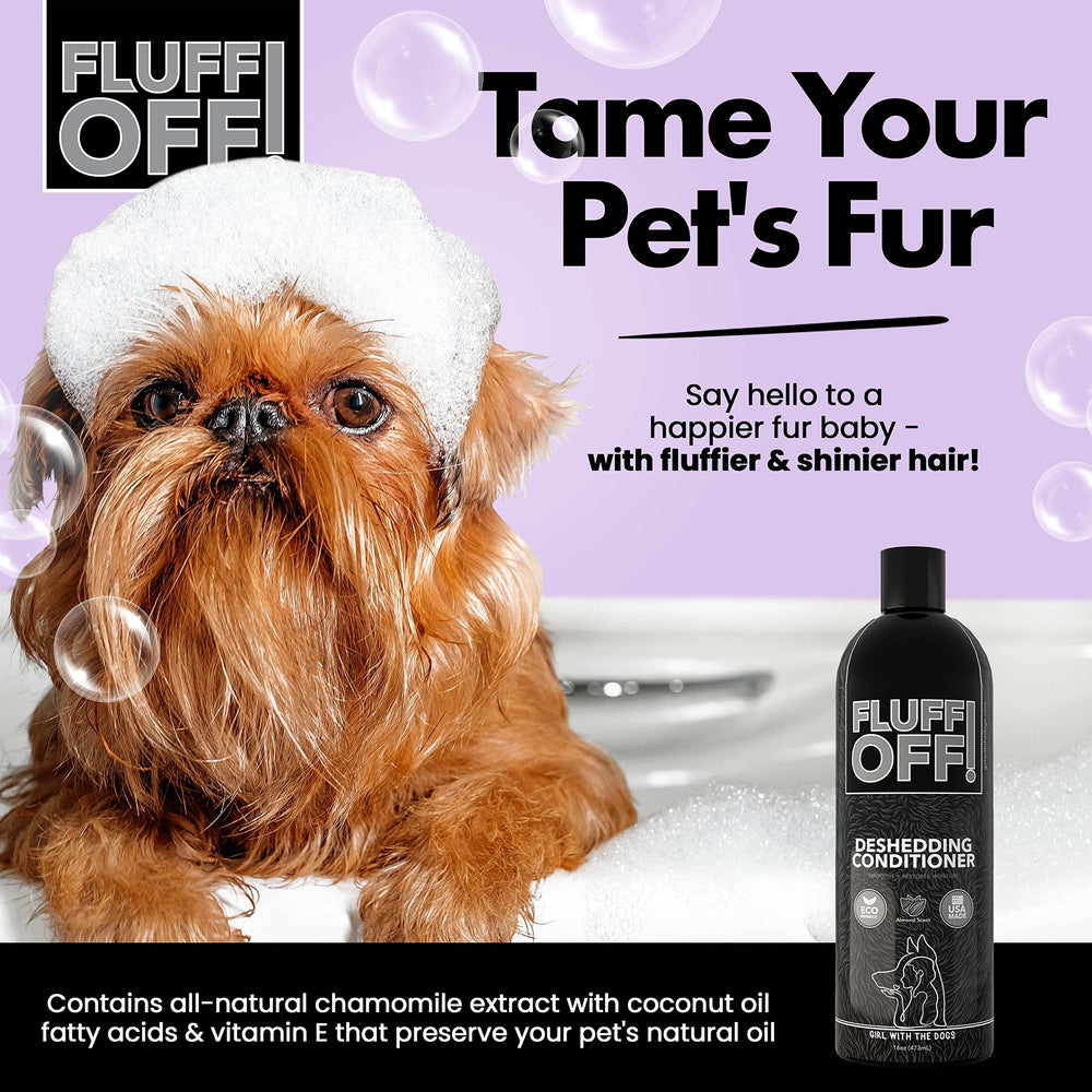 Applying Fluff Off conditioner to coat for easier grooming sessions.
