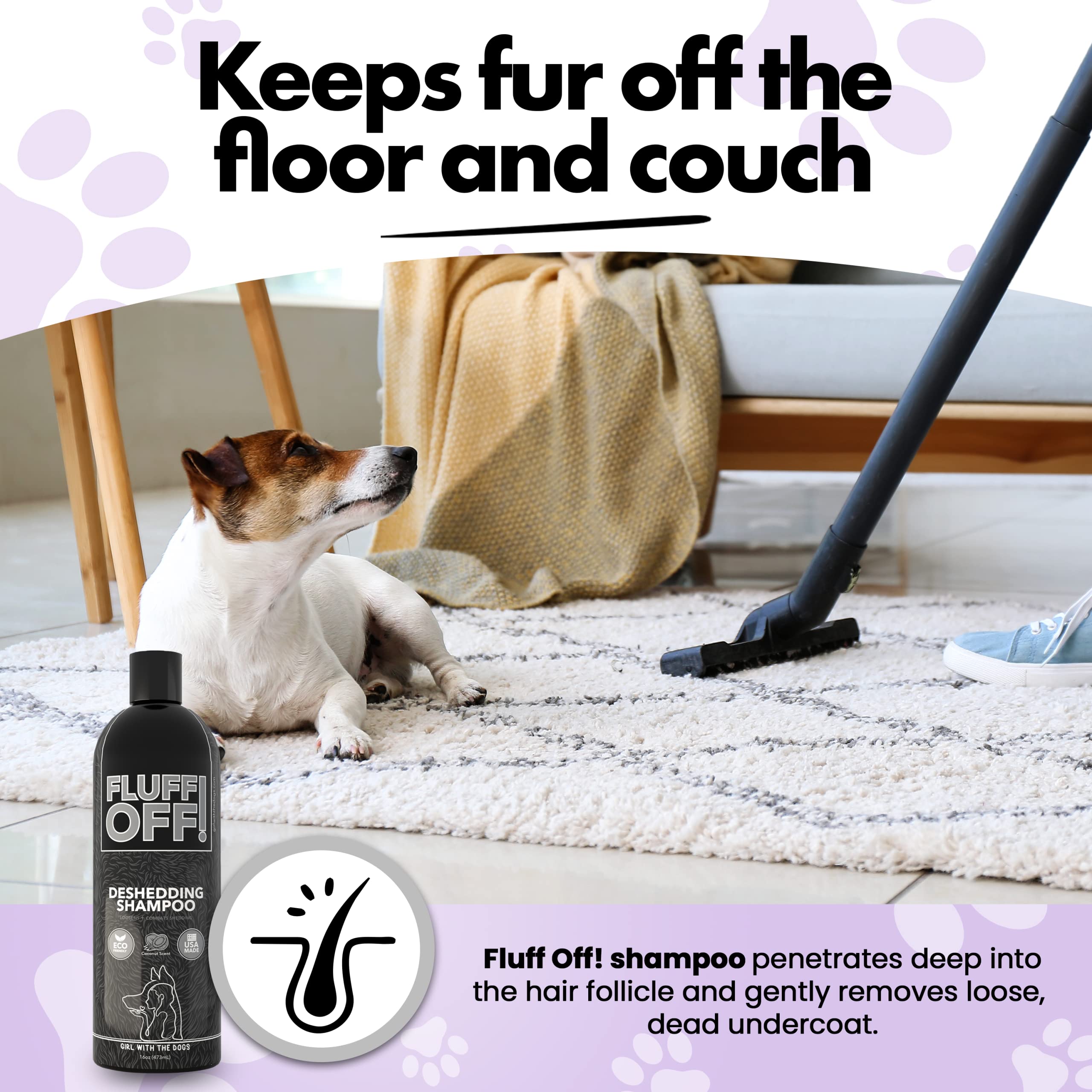 Fluff Off deep cleanse image highlights dirt and oil removal.