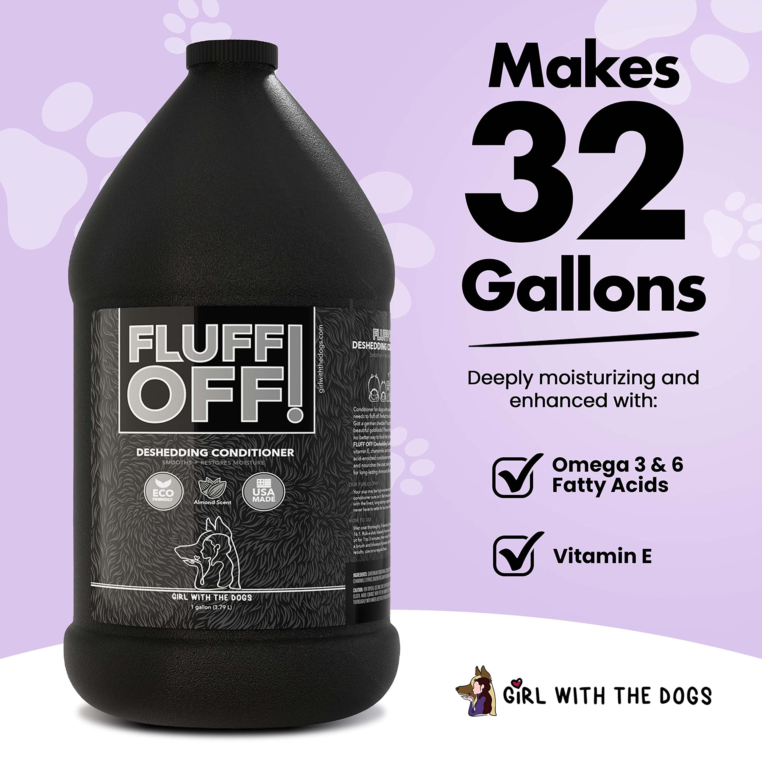 Girl With The Dogs Fluff Off grooming-kit-packaging—easy, economical dilutable conditioner.