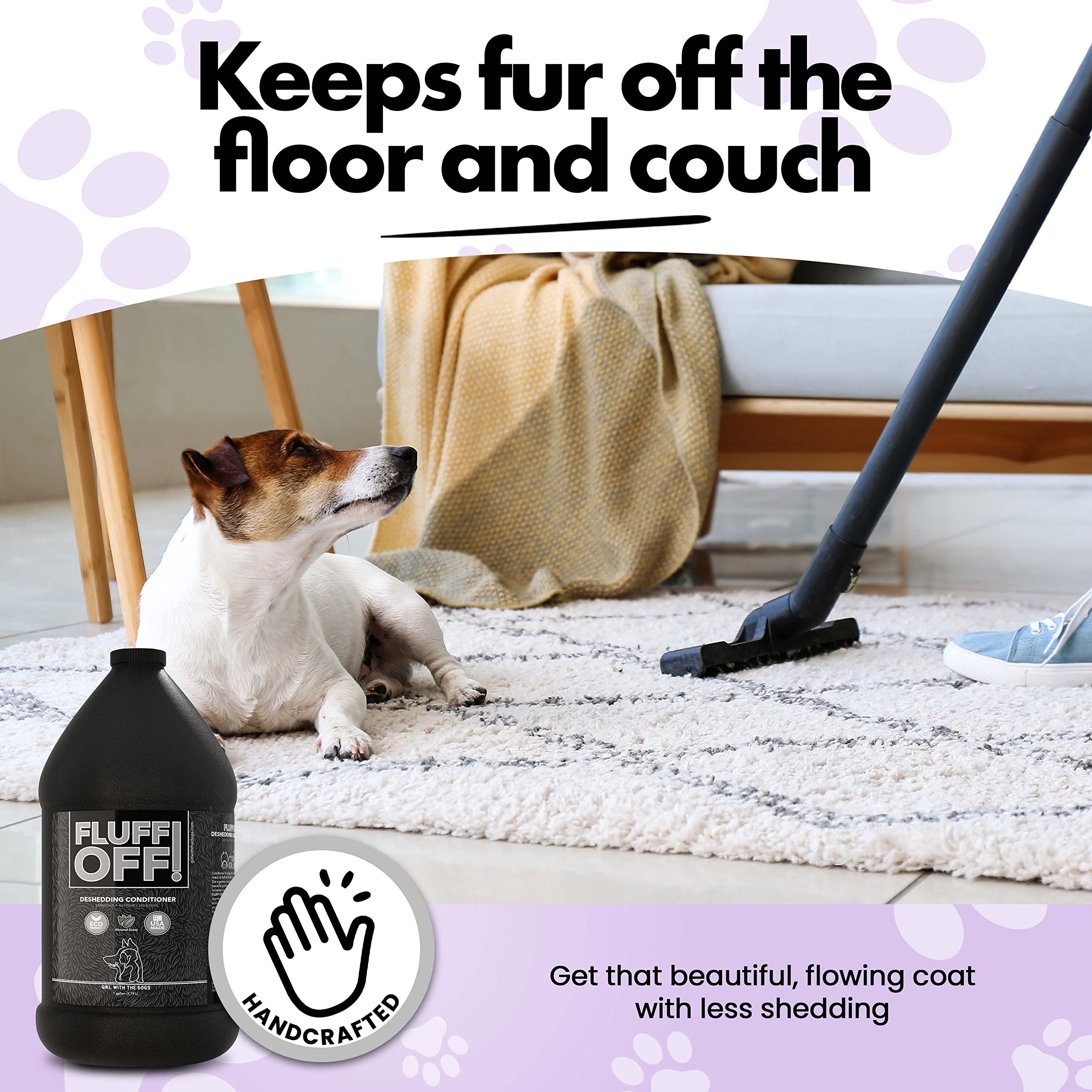 Girl With The Dogs Fluff Off label closeup—natural ingredients nourish the coat.