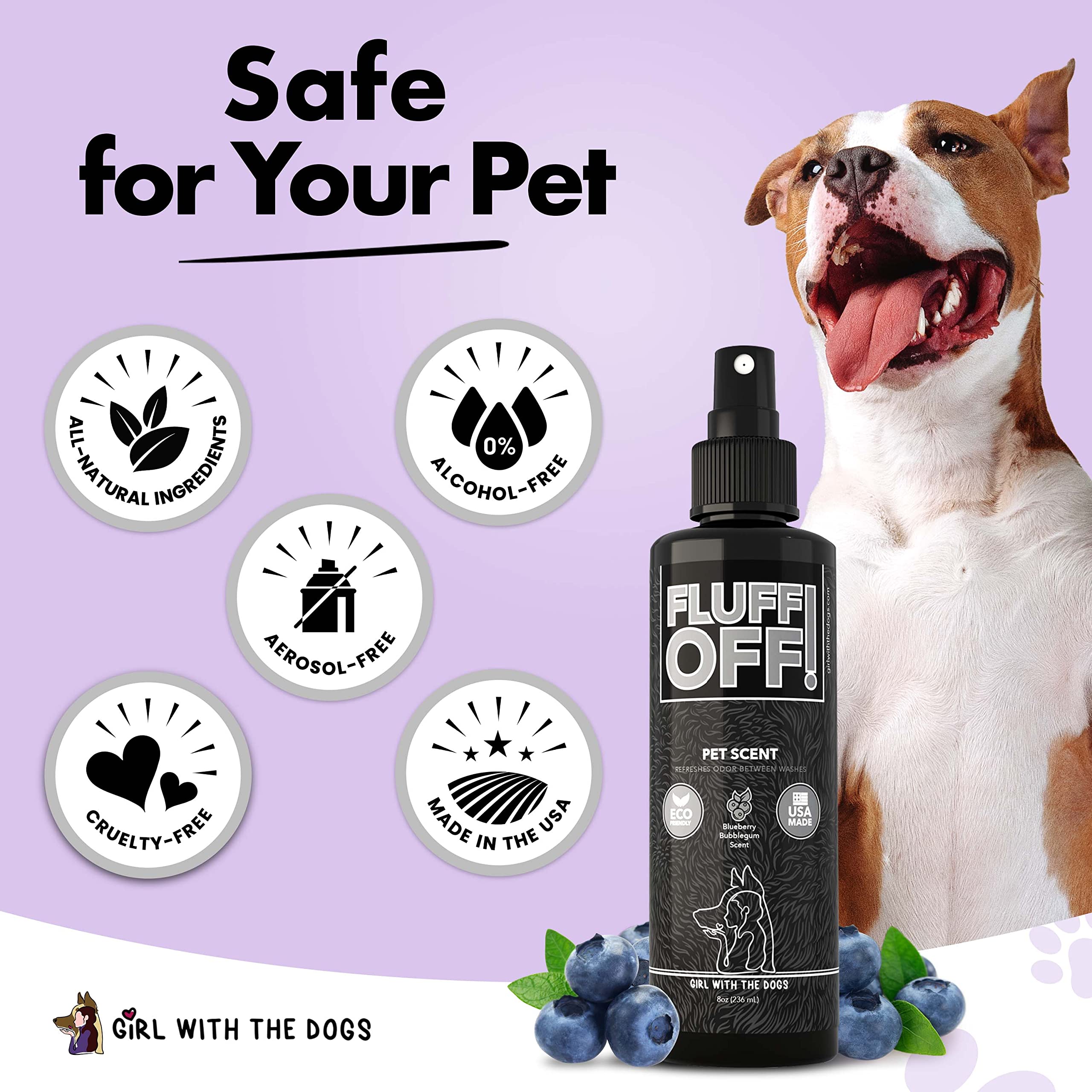 Fluff Off made in USA, cruelty-free, alcohol-free formula.