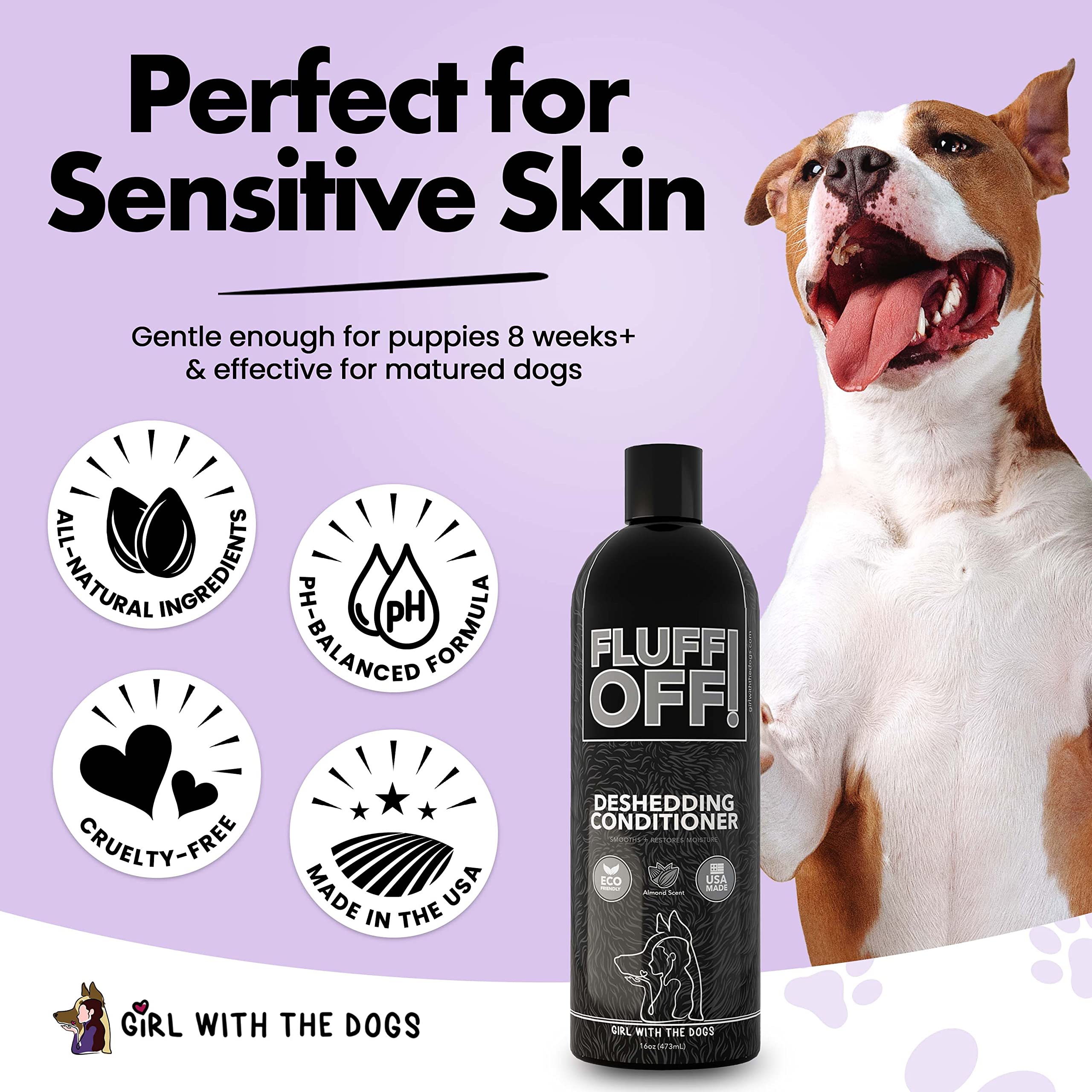Fluff Off packaging emphasizes all-natural ingredients and USA-made production.