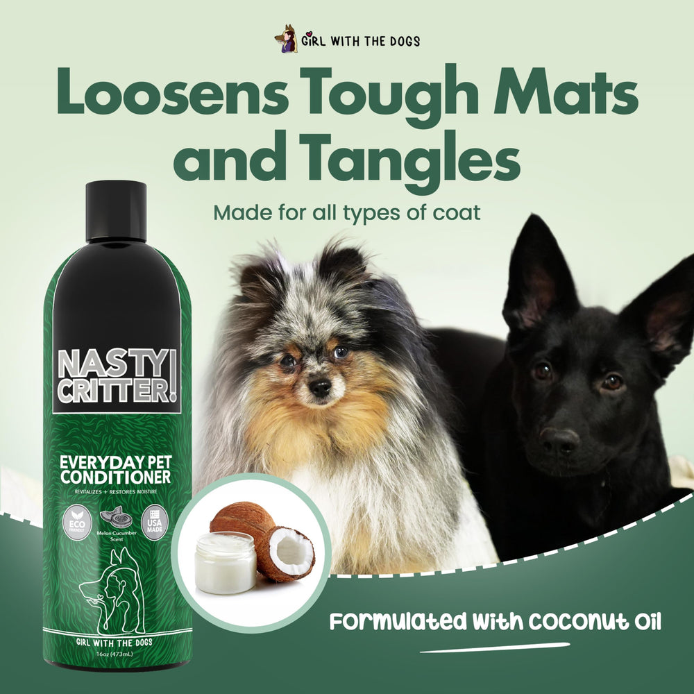 Applying Nasty Critter conditioner to a dog's coat for detangling