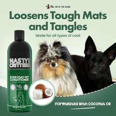 Applying Nasty Critter conditioner to a dog's coat for detangling