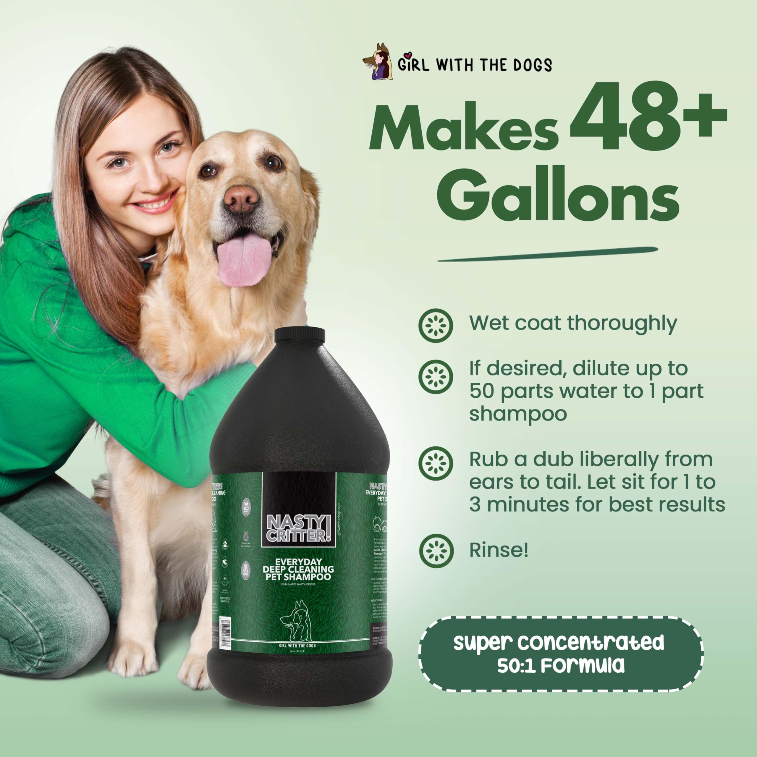 1 gallon concentrate ready to dilute into 48 baths for dogs.